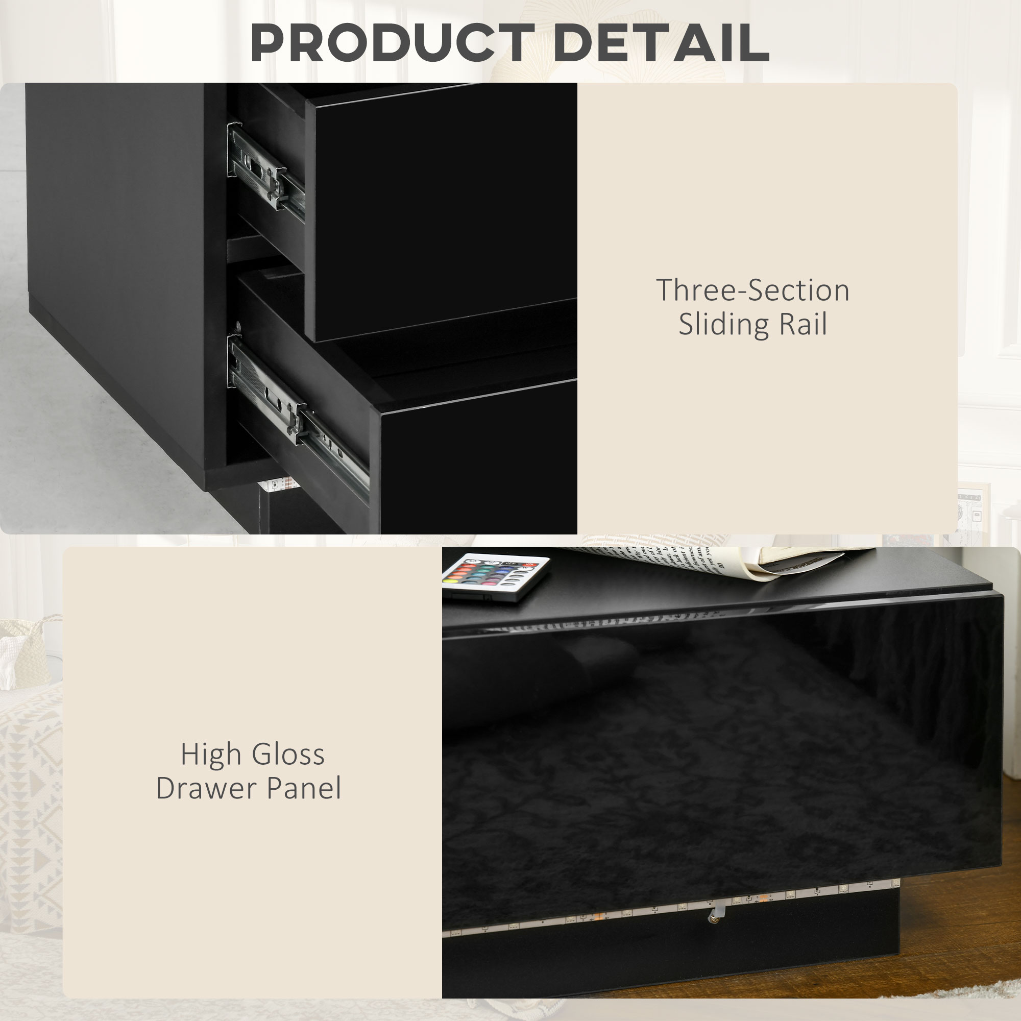 HOMCOM High Gloss Front Bedside Table with Drawers Nightstand with RGB LED Light and Remote for Bedroom Living Room Black 6