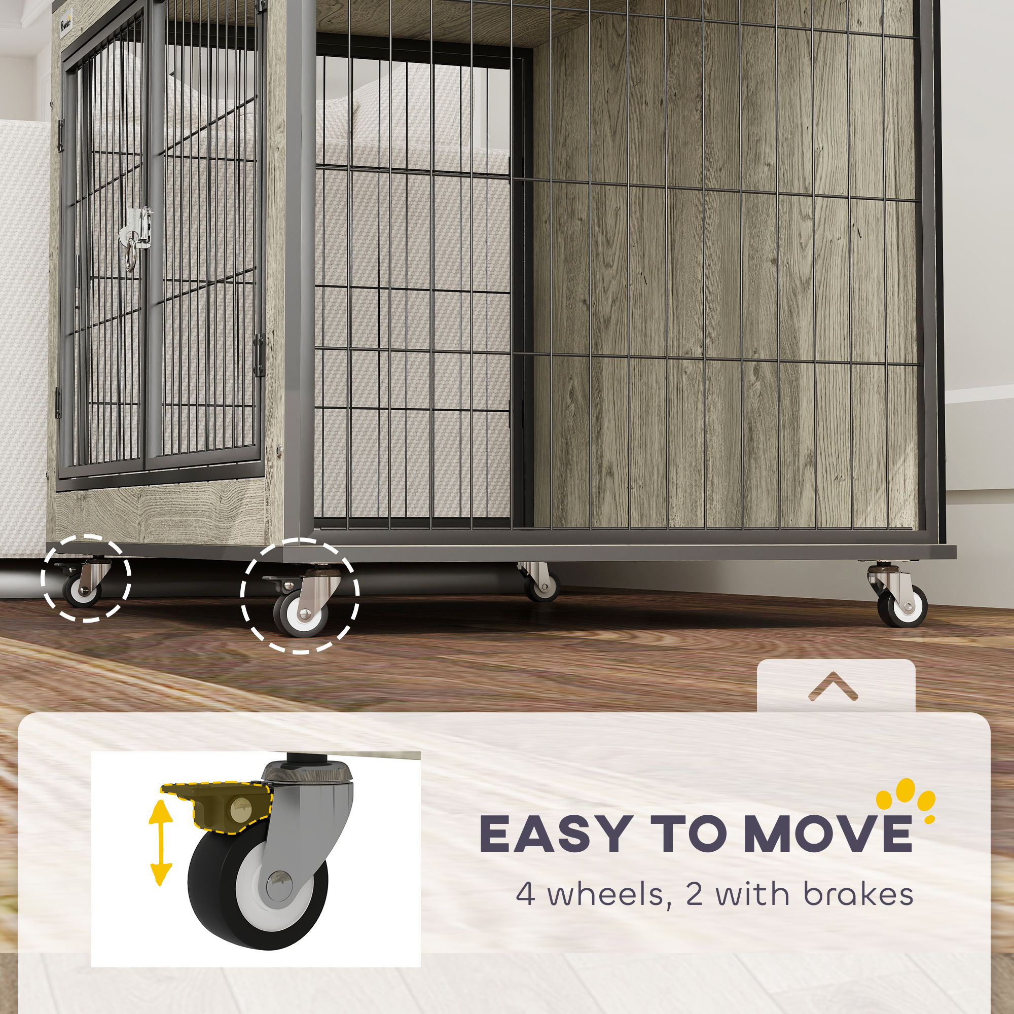 PawHut Dog Crate Furniture with Wheels, Double Doors, for Medium Dogs, Grey 6
