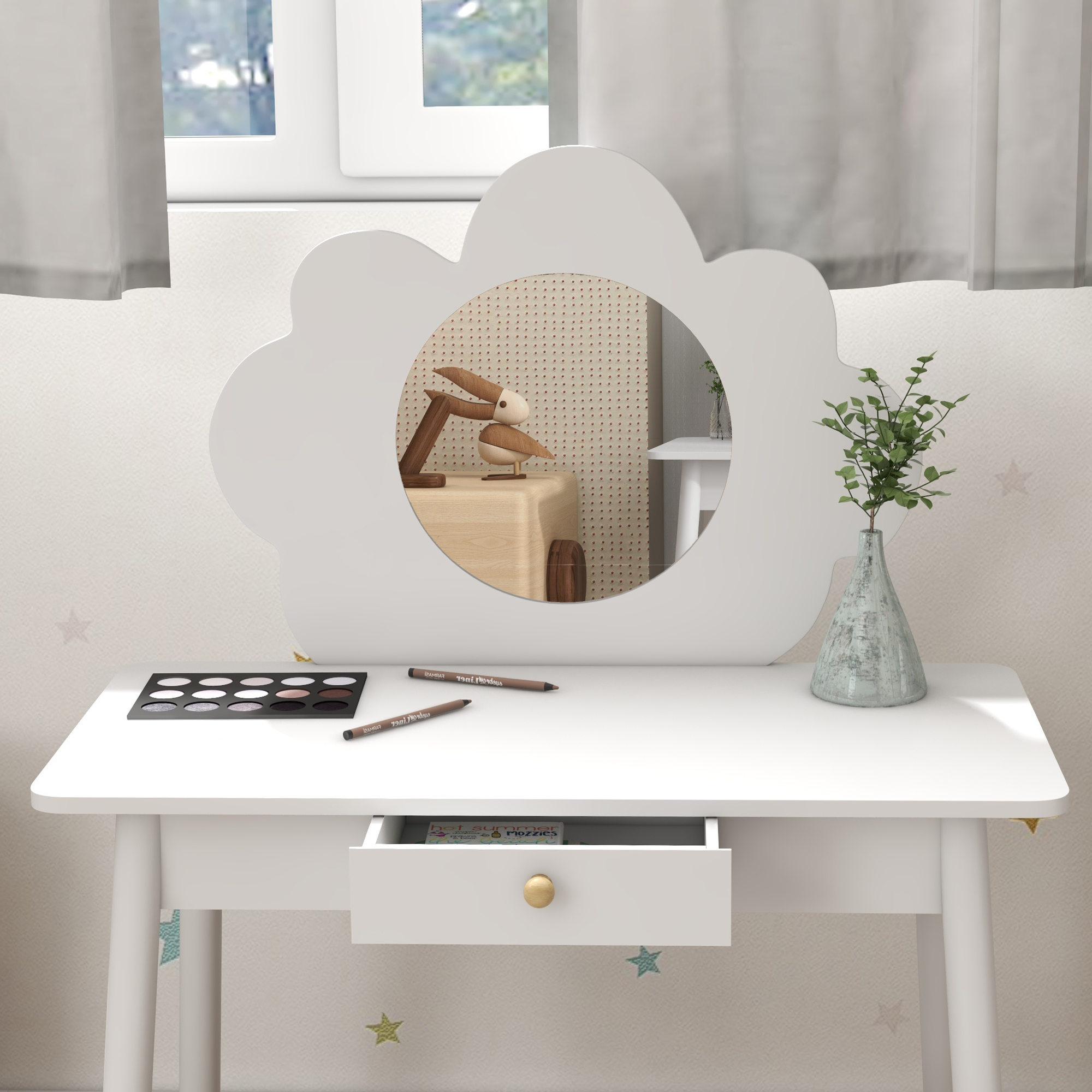 AIYAPLAY Kids Dressing Table with Mirror, Stool, Drawer, Cloud Design, White 8