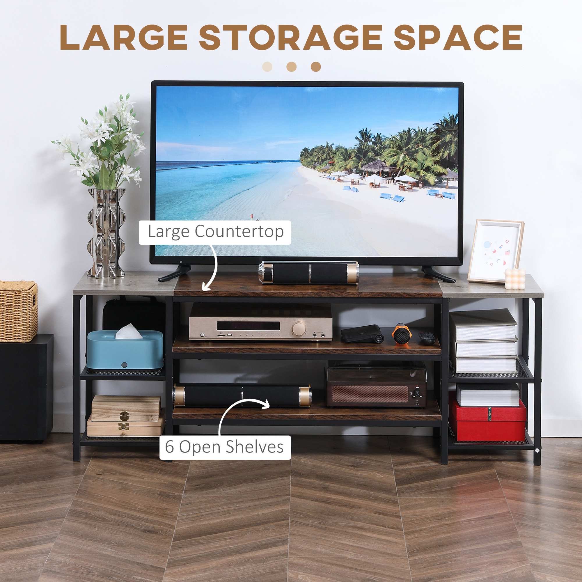 HOMCOM TV Unit Cabinet for TVs up to 60 Inches, Industrial TV Stand with Storage Shelves for Living Room, Brown and Grey 5