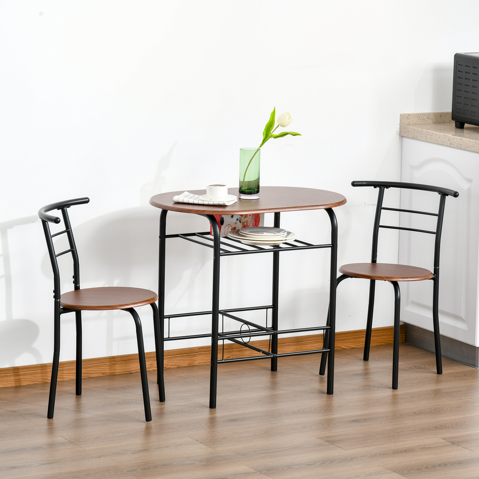 HOMCOM Dining Table and Chairs Set 3, Breakfast Bar Table and 2 Chairs w/ Shelf, Wood-Effect Tabletop for Small Space 2