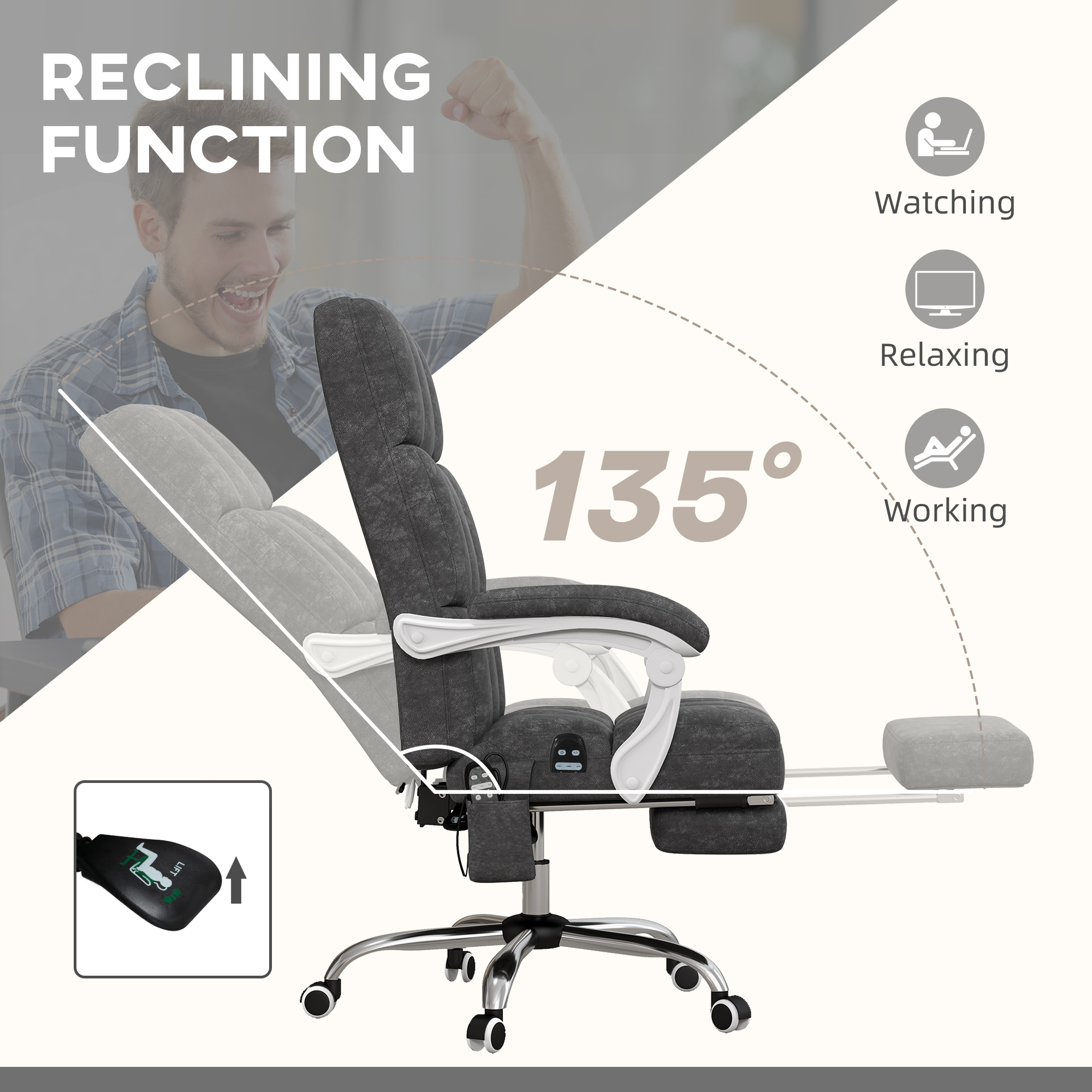 Vinsetto Massage Office Chair, Ergonomic Desk Chair, Comfy Work Study Chair with Heat, Padded Seat, 135° Reclining Back and Footrest for Home Office, Charcoal Grey 6