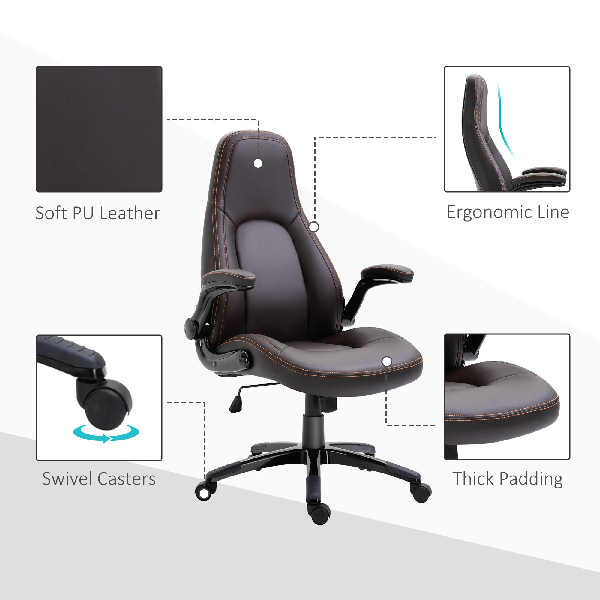 Vinsetto Computer Gaming Chair, PU Leather Office Chair, Swivel Desk Chair with Adjustable Arms and Height, Padded Armrest and Seat, Rolling Wheels, Coffee 4