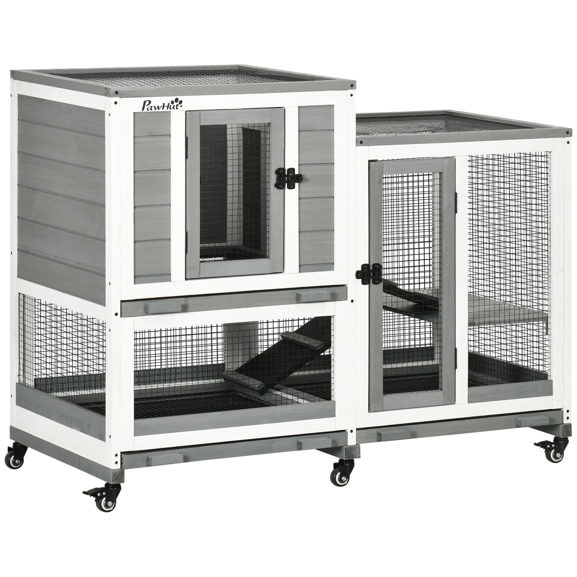 PawHut Cage lapin Clapier intérieur cage à lapin bois avec roulettes 3 étages rampes - dim. 110L x 50l x 86H cm - gris et blanc Aosom France
