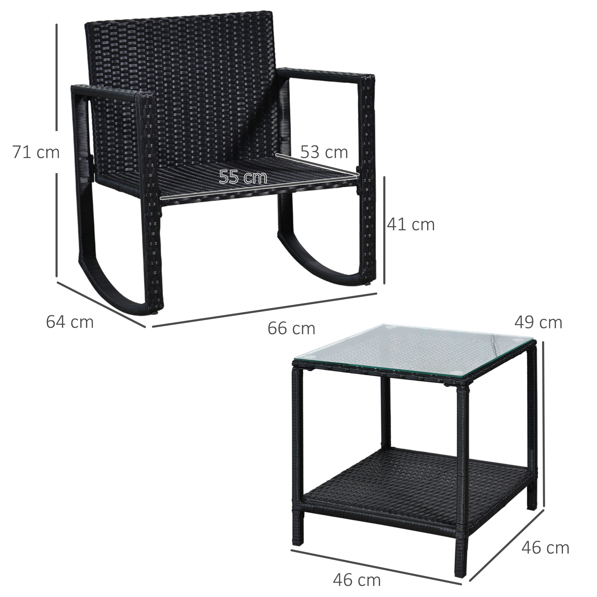Outsunny 3 Pieces Rattan Garden Rocking Chair Set, Outdoor Rocking Bistro Set w/ 2 Cushioned Armchair and Glass Top Two-tier Coffee Table, Black 3