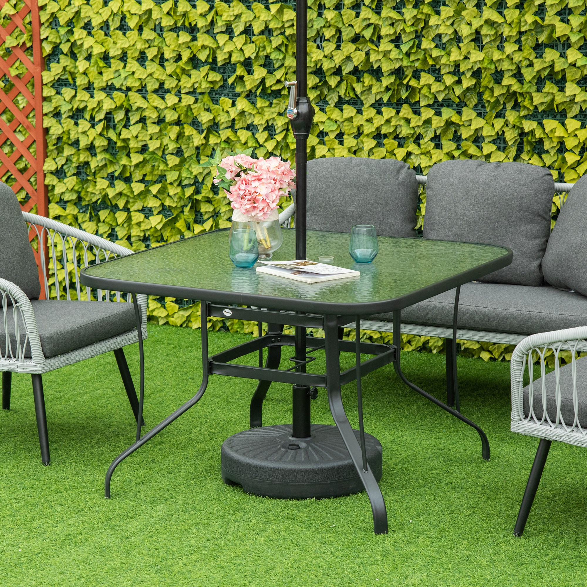 Outsunny Square Outdoor Garden Dining Table with Parasol Hole, Tempered Glass Top, Steel Frame for Garden, Lawn, Patio, Black 2