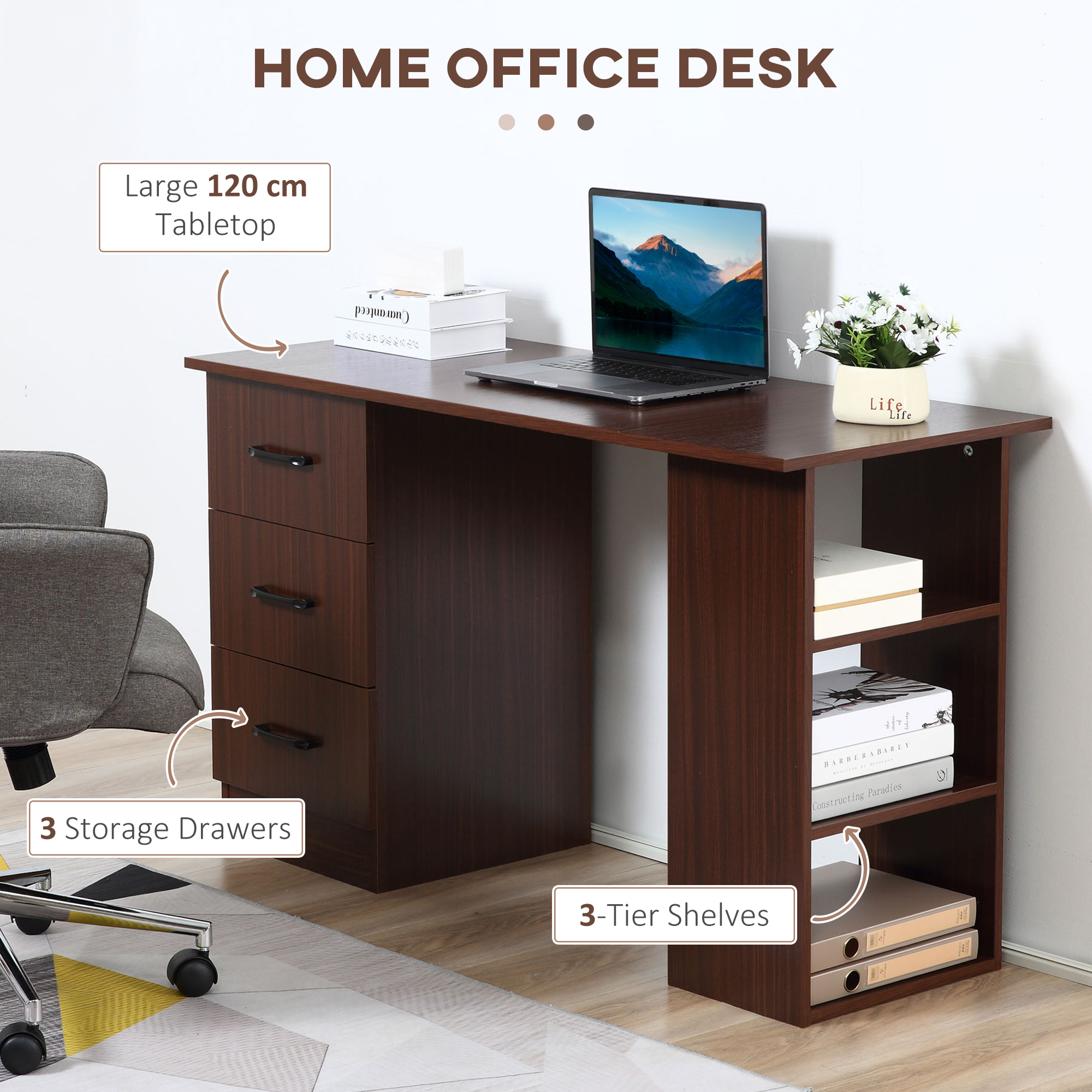 HOMCOM Computer Desk, Writing Table, PC Workstation with 3 Storage Shelves and Drawers, Black Handle, for Home Office, Walnut Brown 4
