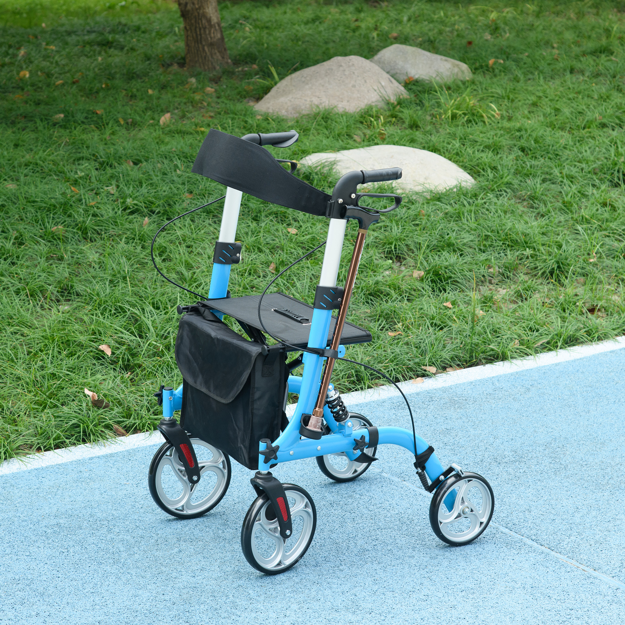 HOMCOM 4 Wheel Rollator with Seat and Back, Lightweight Folding Mobility Walker with Large Wheels, Carry Bag, Adjustable Height, Aluminium Walking Frame with Dual Brakes for Seniors, Blue 2
