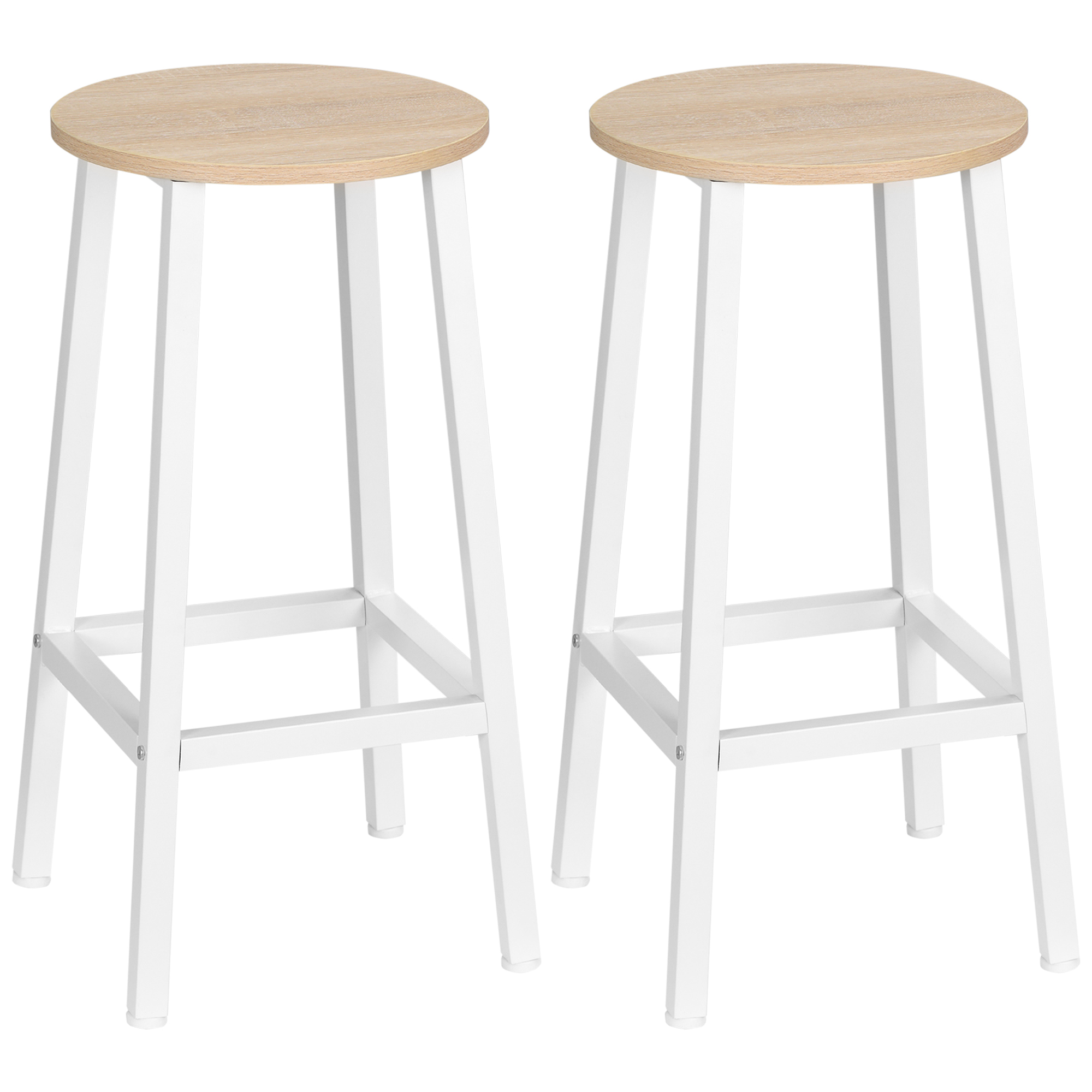 Tabourets De Bar Sans Dossier - Lot De 2, Assise Bois Et Piètement Métal Blanc | Hauteur 65 Cm, Largeur 32 Cm | Pour Cuisine, îlot, Salle à Manger