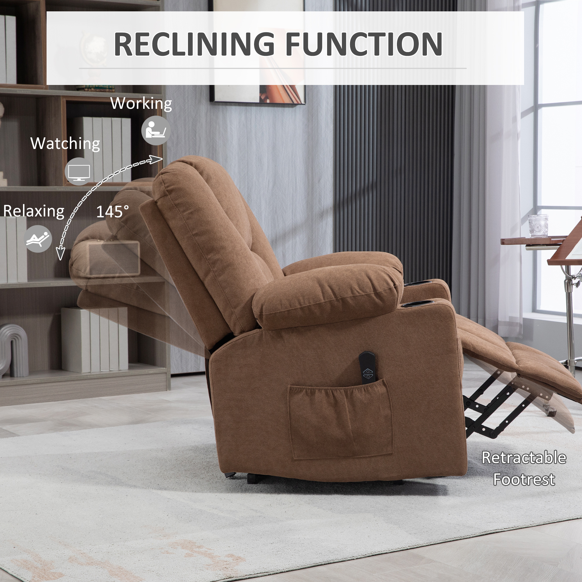 HOMCOM Oversized Riser and Recliner Chairs for the Elderly, Fabric Upholstered Lift Chair for Living Room with Remote Control, Side Pockets, Cup Holder, Brown 5