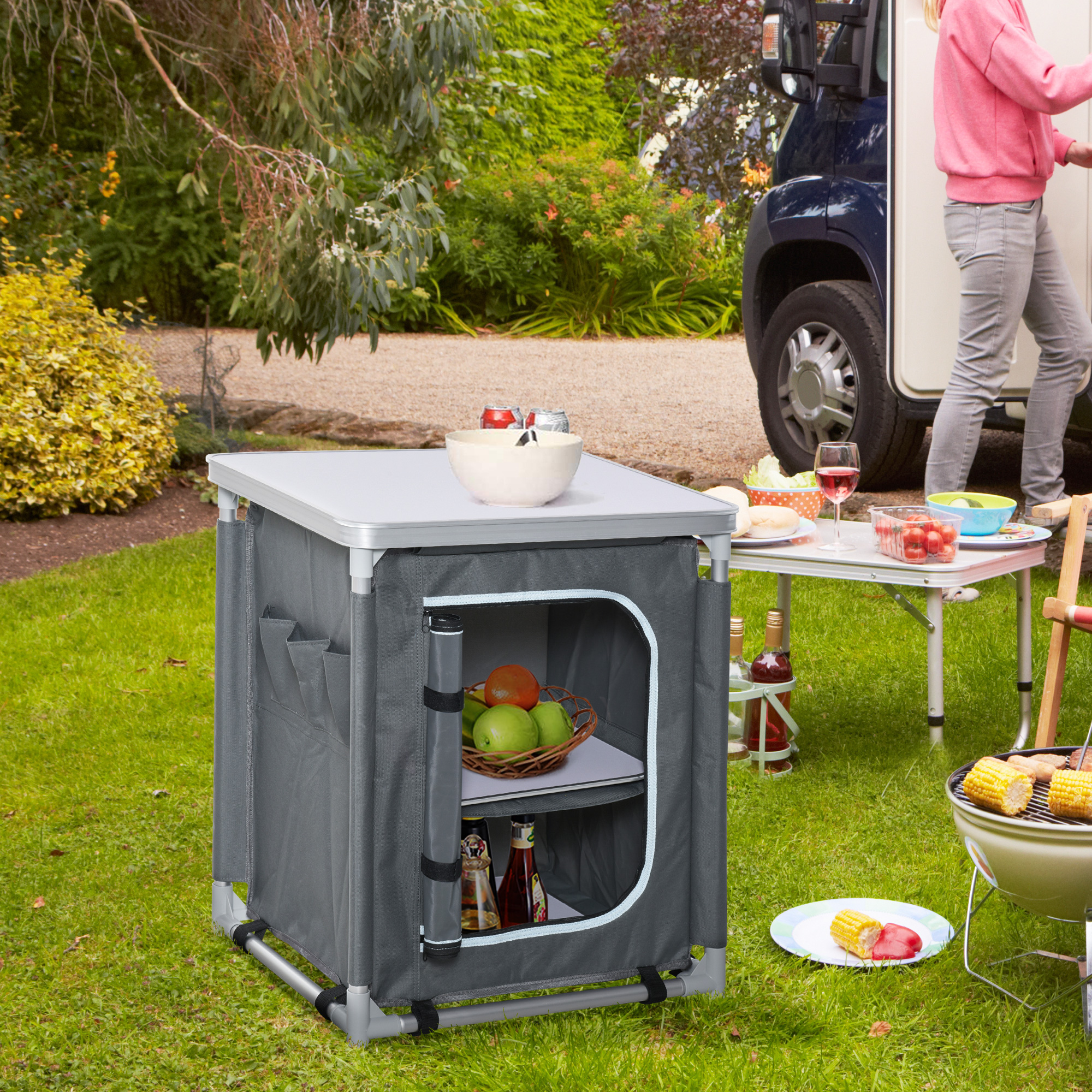 Outsunny 2-Shelf Camping Cupboard Camping Kitchen Station Cook Table Aluminum, Storage Organiser for BBQ Party Picnics Backyards with Carrying Bag 2