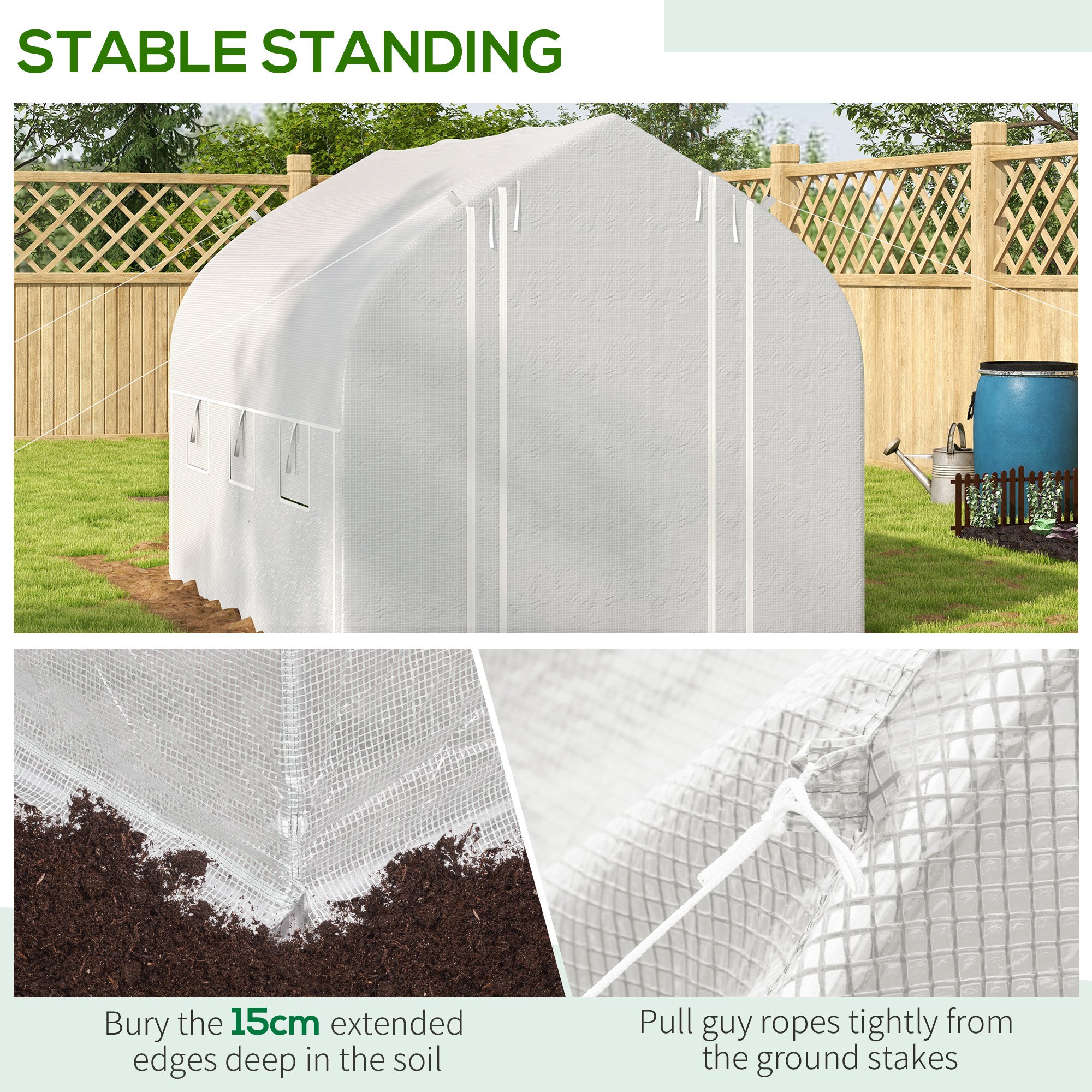 Outsunny 3 x 2(m) Walk-in Polytunnel Greenhouse, Zipped Roll Up Sidewalls, Mesh Door, 6 Mesh Windows, Tunnel Warm House Tent with PE Cover, Complimentary Plant Labels and Gloves, White 8