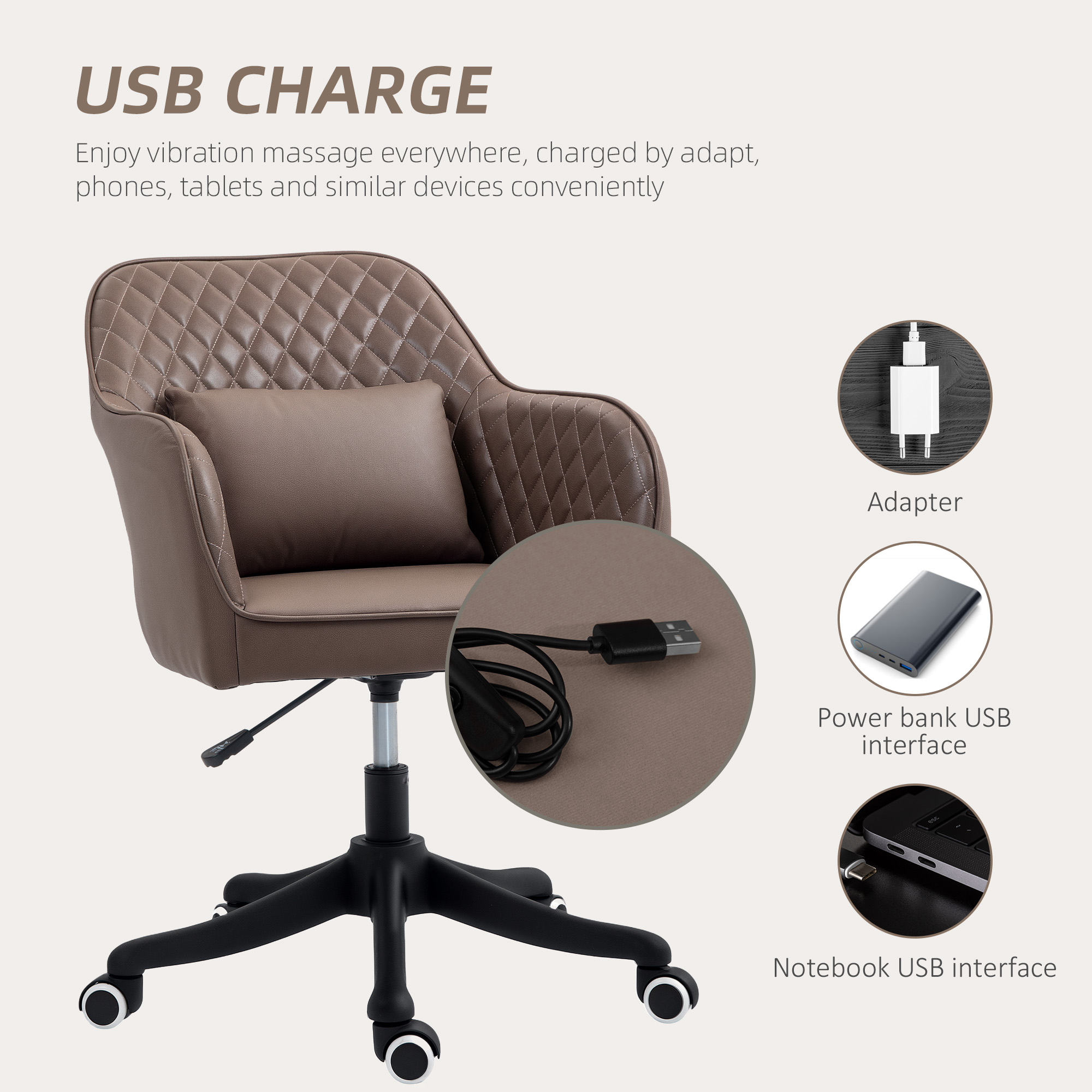 Vinsetto Microfiber Office Chair, Desk Chair, Makeup Vanity Chair with Massage Lumbar Pillow and Rolling Wheels for Bedroom and Home, Brown 4