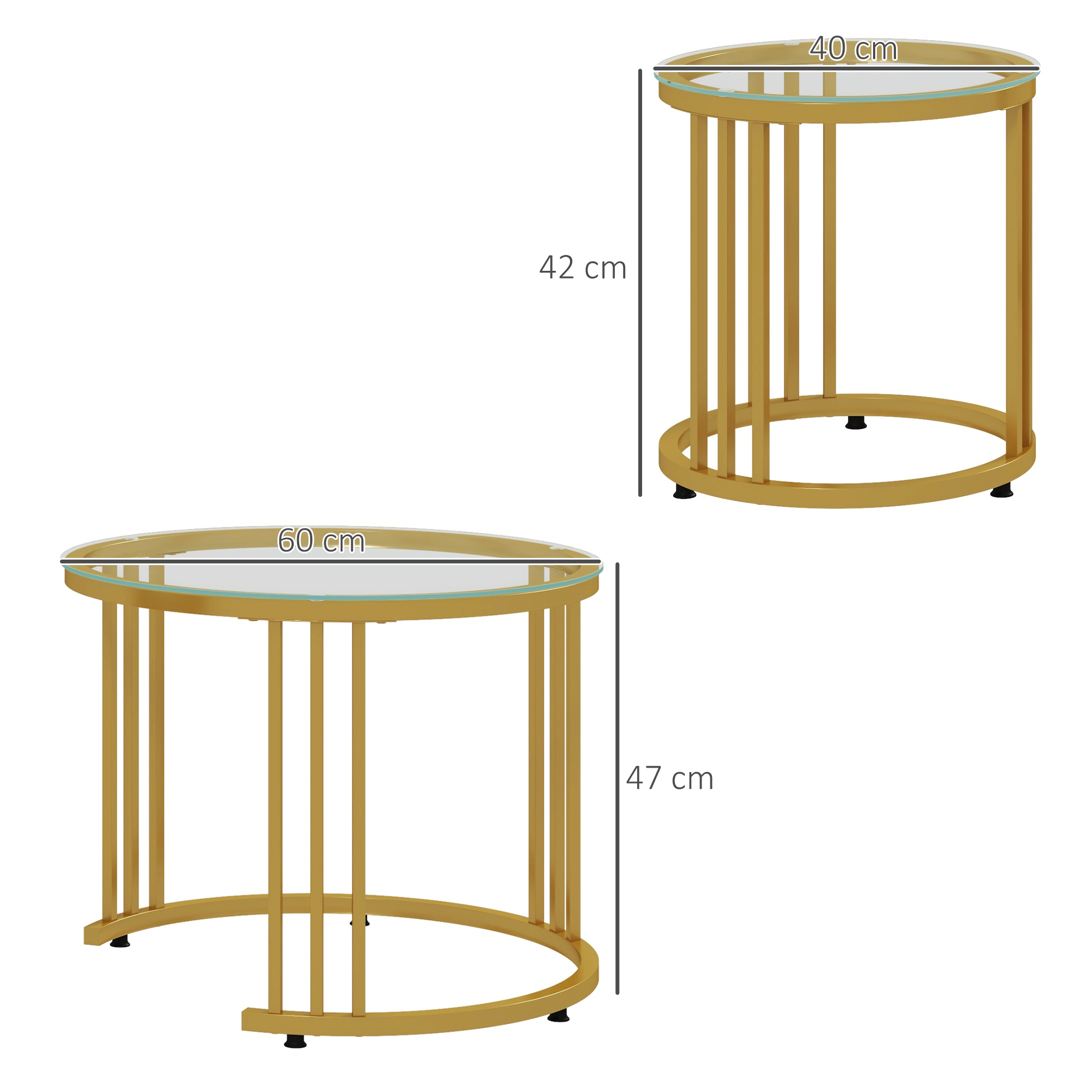 HOMCOM Round Coffee Tables Set of 2, Nesting Tables with Tempered Glass Top and Steel Frame, 60cmx60cmx47cm, Gold Tone 3