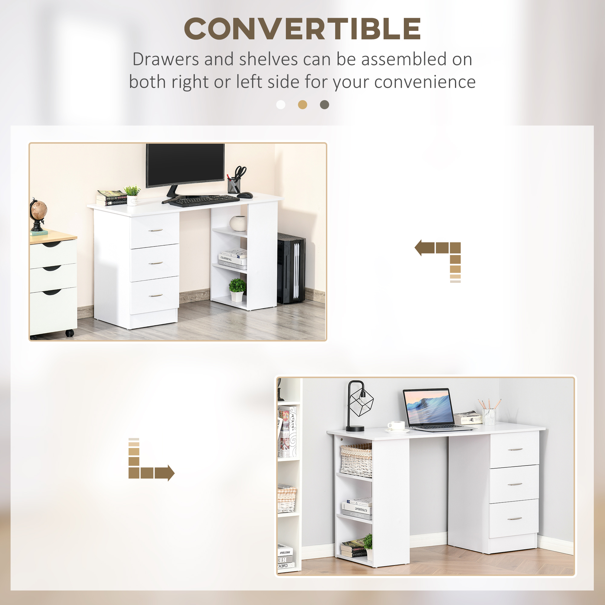 HOMCOM Computer Desk, Writing Table, PC Workstation with 3 Storage Shelves and Drawers, Silver Handle, for Home Office, White 6