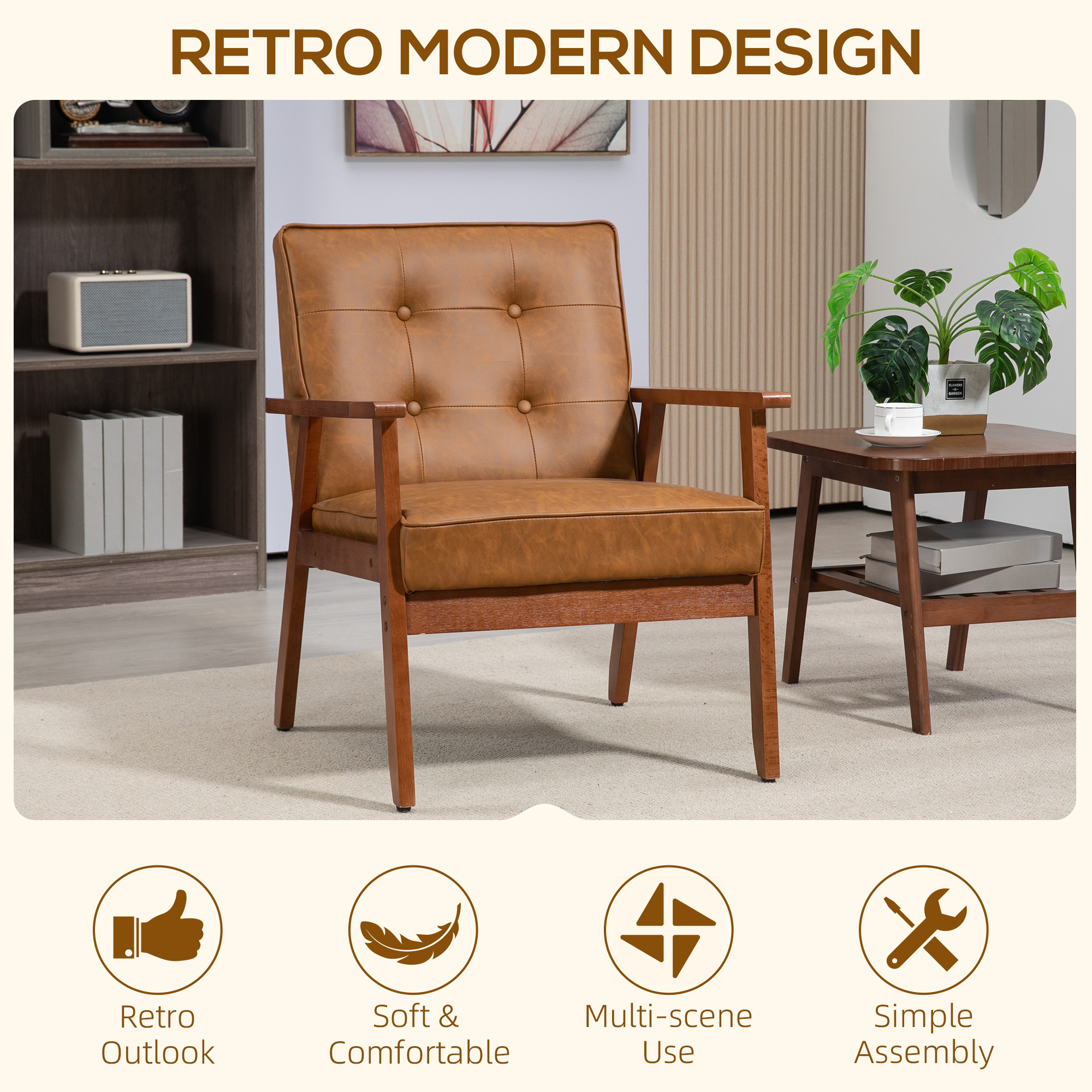 HOMCOM Retro-Style Accent Chair, with Faux Leather Seat Brown 4