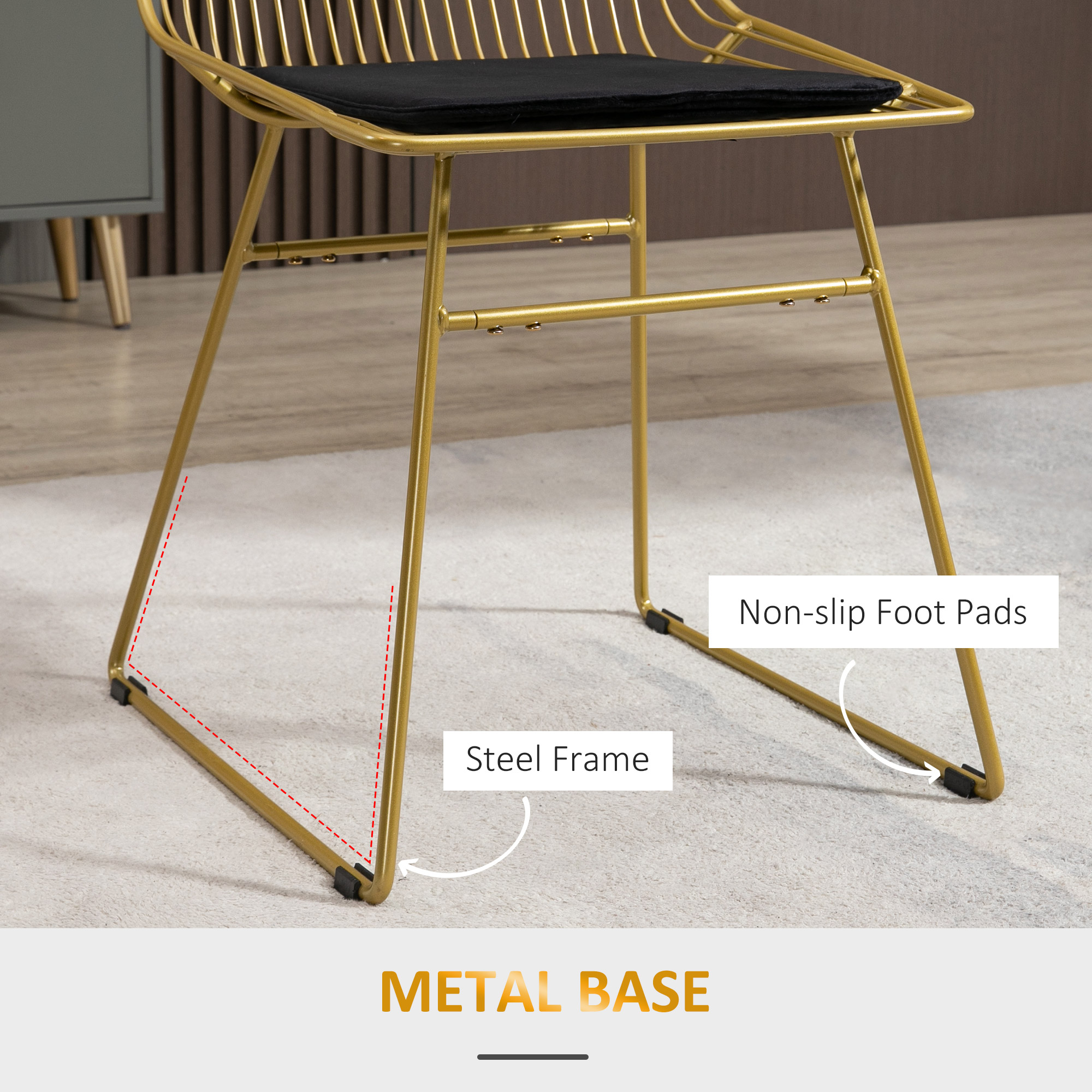 HOMCOM Luxurious Dining Chairs Set of 2, Metal Wire Kitchen Chair with Removable Velvet-feel Cushion, Cut-out Back and Steel Frame for Dining Room, Gold Tone 6