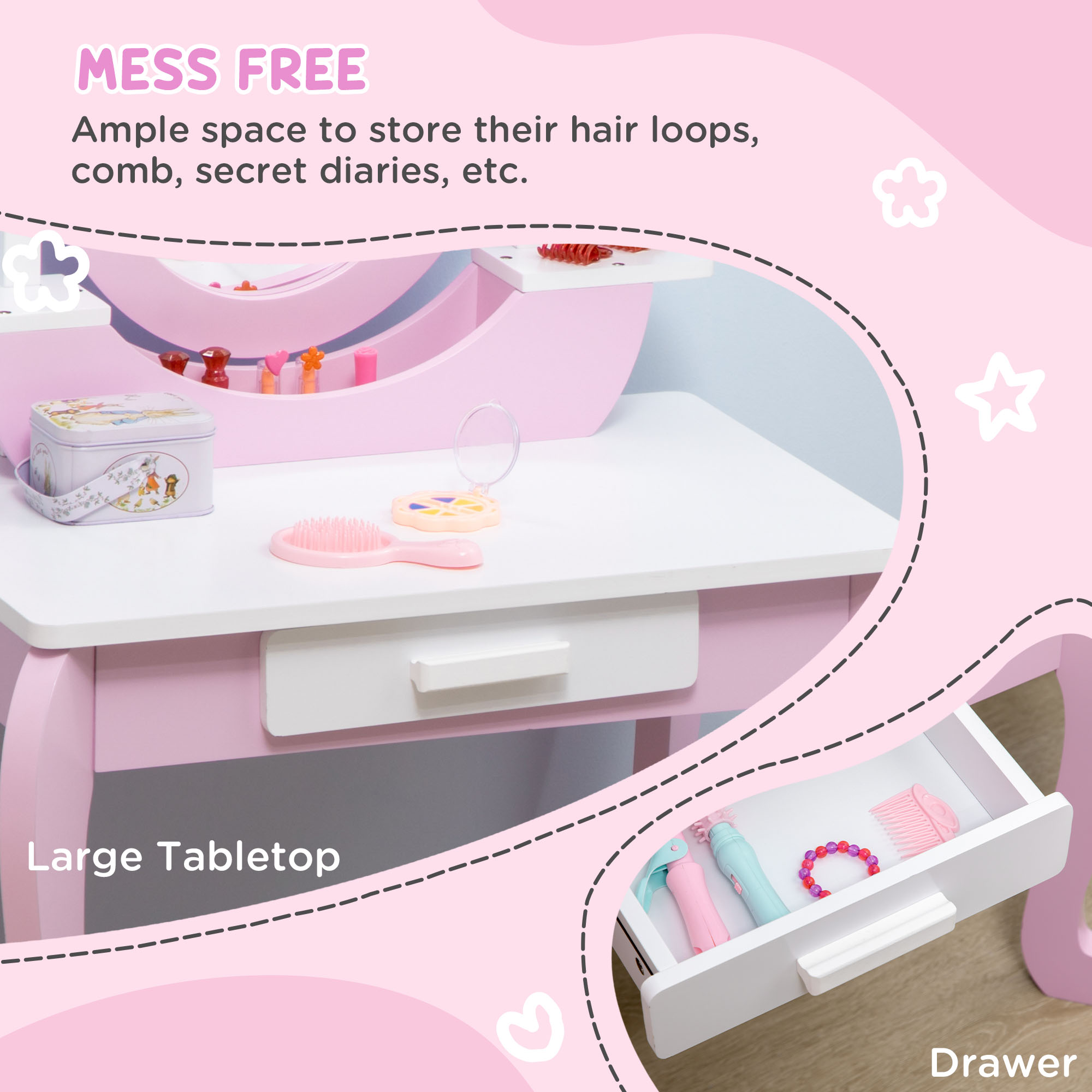 ZONEKIZ Kids Dressing Table Set, with Mirror, Stool, for Ages 3-6 Years Pink 5