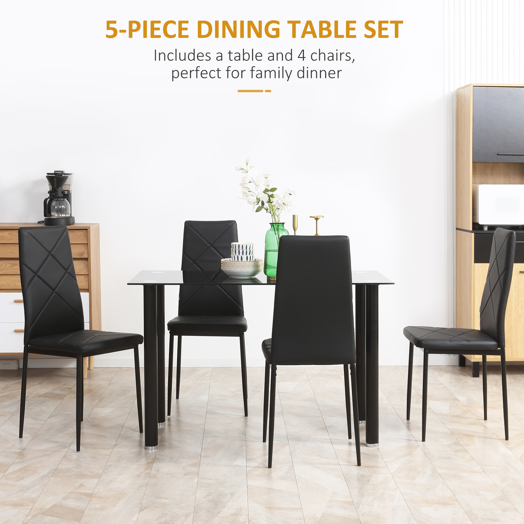 HOMCOM Modern Dining Table Set for 4, Space-Saving 5 Pieces Kitchen Table Set with Rectangle Table and Steel Frame, Black 4