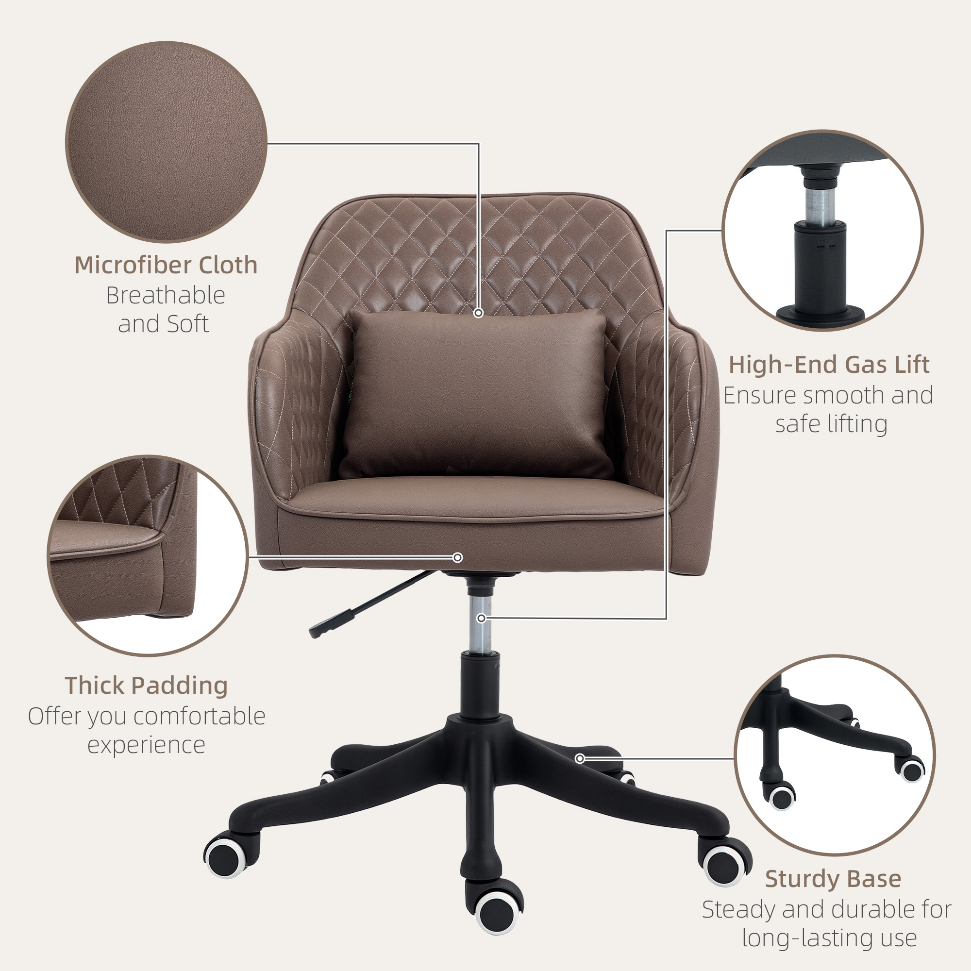 Vinsetto Microfiber Office Chair, Desk Chair, Makeup Vanity Chair with Massage Lumbar Pillow and Rolling Wheels for Bedroom and Home, Brown 7