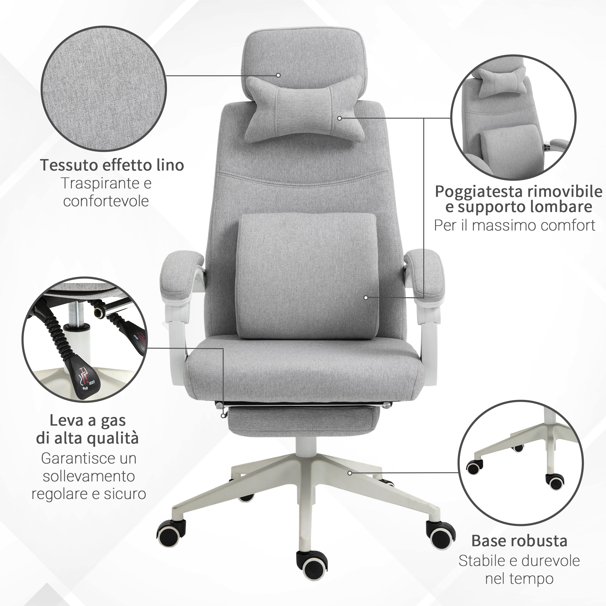 Vinsetto Sedia Ufficio Ergonomica Grigia - Poggiatesta Regolabile, Inclinazione 112°, Ruote, 125kg