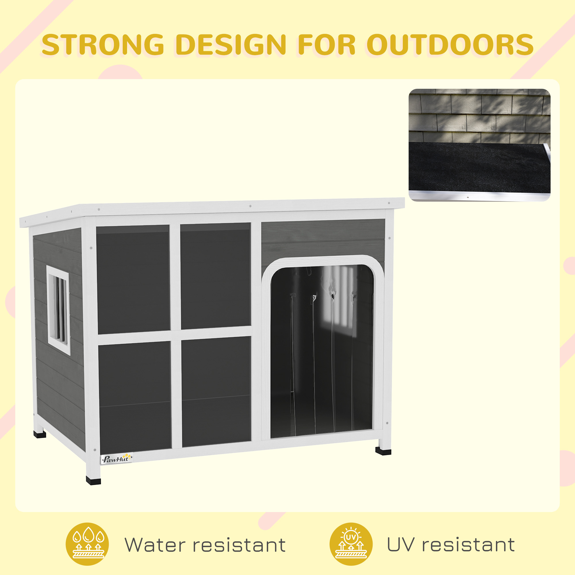 PawHut Wooden Outdoor Dog House, with Asphalt Openable Top, Removable Floor, Clear Front Panel, Curtain, 103 x 77 x 83cm 5