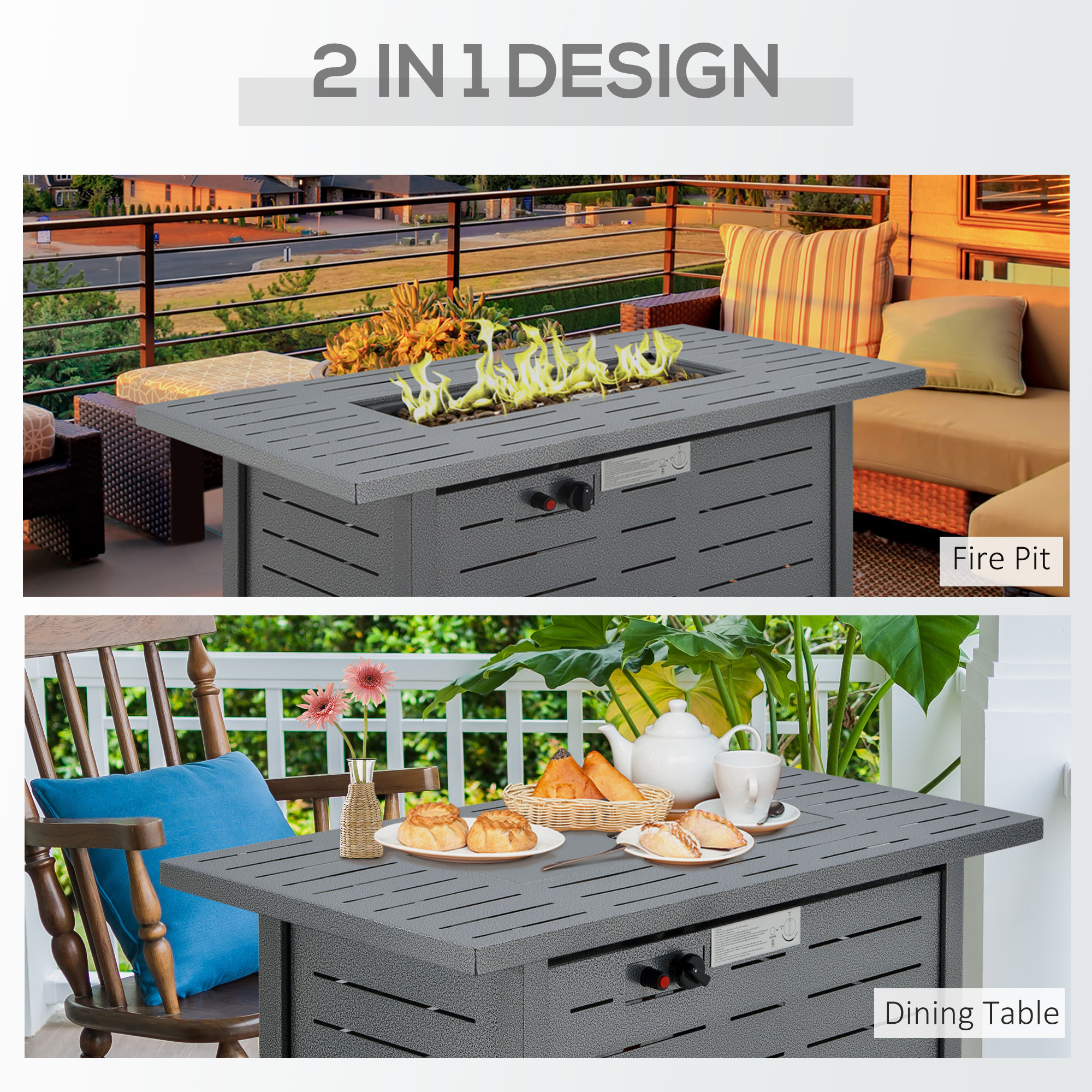 Outsunny Propane Gas Fire Pit Table, 50000BTU Smokeless Firepit Outdoor Patio Heater with Protective Cover, Lava Rocks and Lid, 107cm x 51cm x 63cm, Silver Grey 4