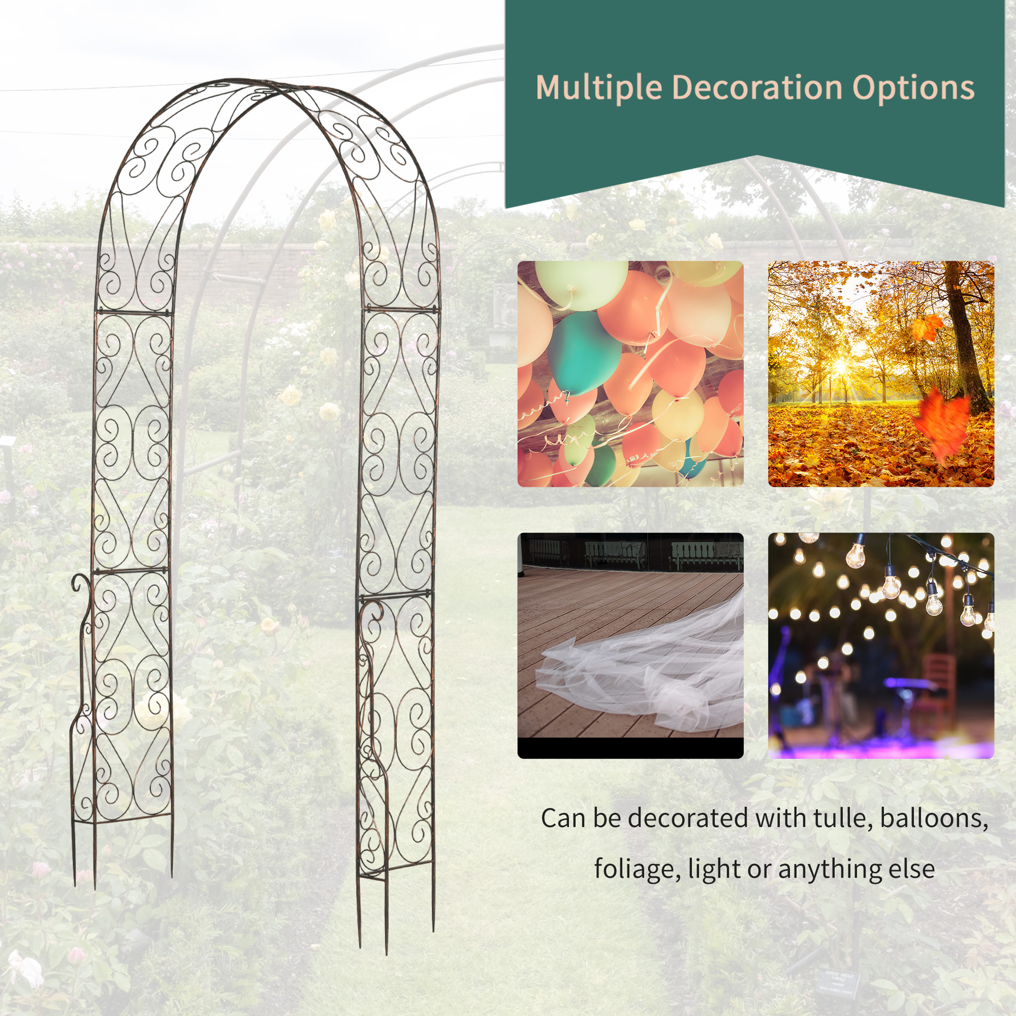 Outsunny Metal Garden Arch Trellis, Decorative Arbour Archway for Walkway Path Ceremony Wedding Party, 120 x 30 x 226cm 5