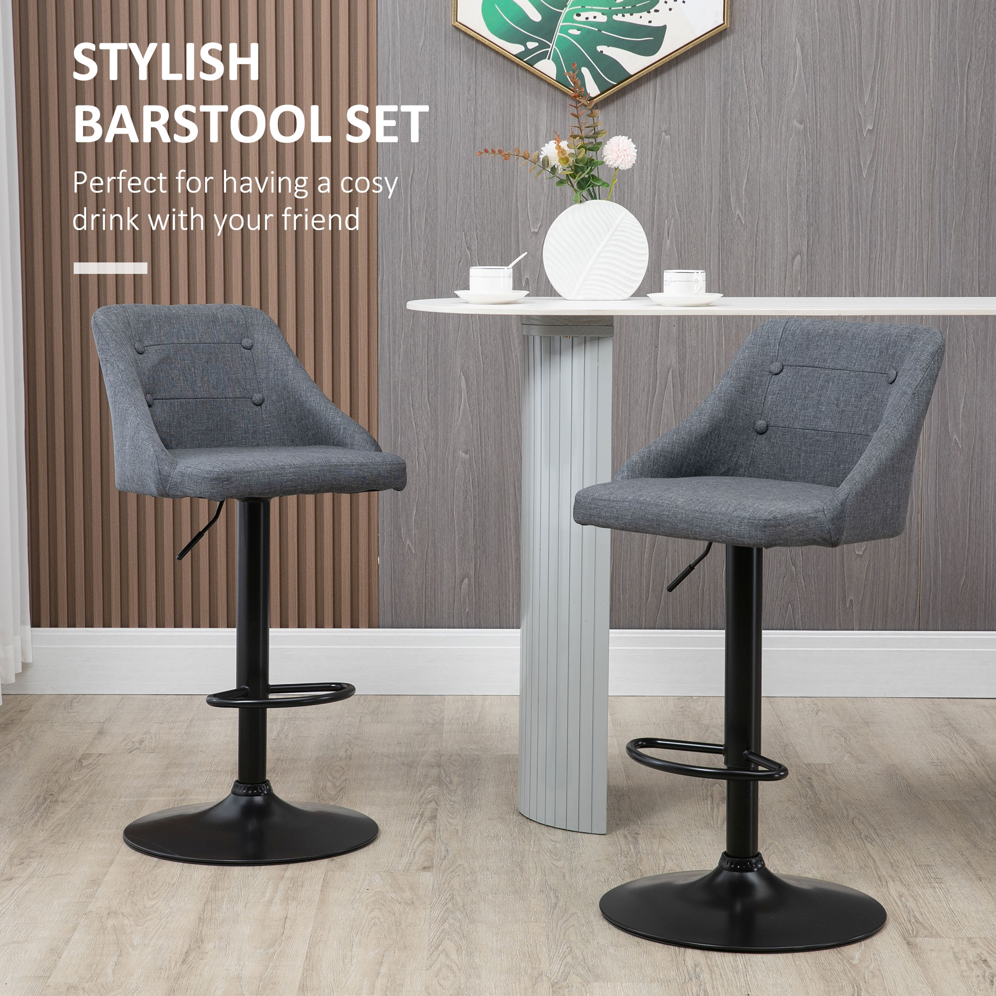 HOMCOM Modern Adjustable Bar Stools Set of 2, Swivel Fabric Barstools with Footrest, Armrests and Back, for Kitchen Counter and Dining Room, Dark Grey 4