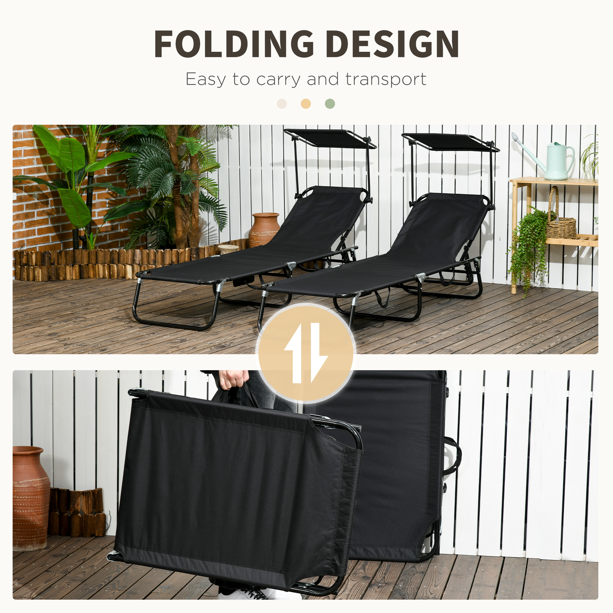 Outsunny Set of Two Folding Sun Loungers, with Adjustable Backs and Sun Canopies Black 6