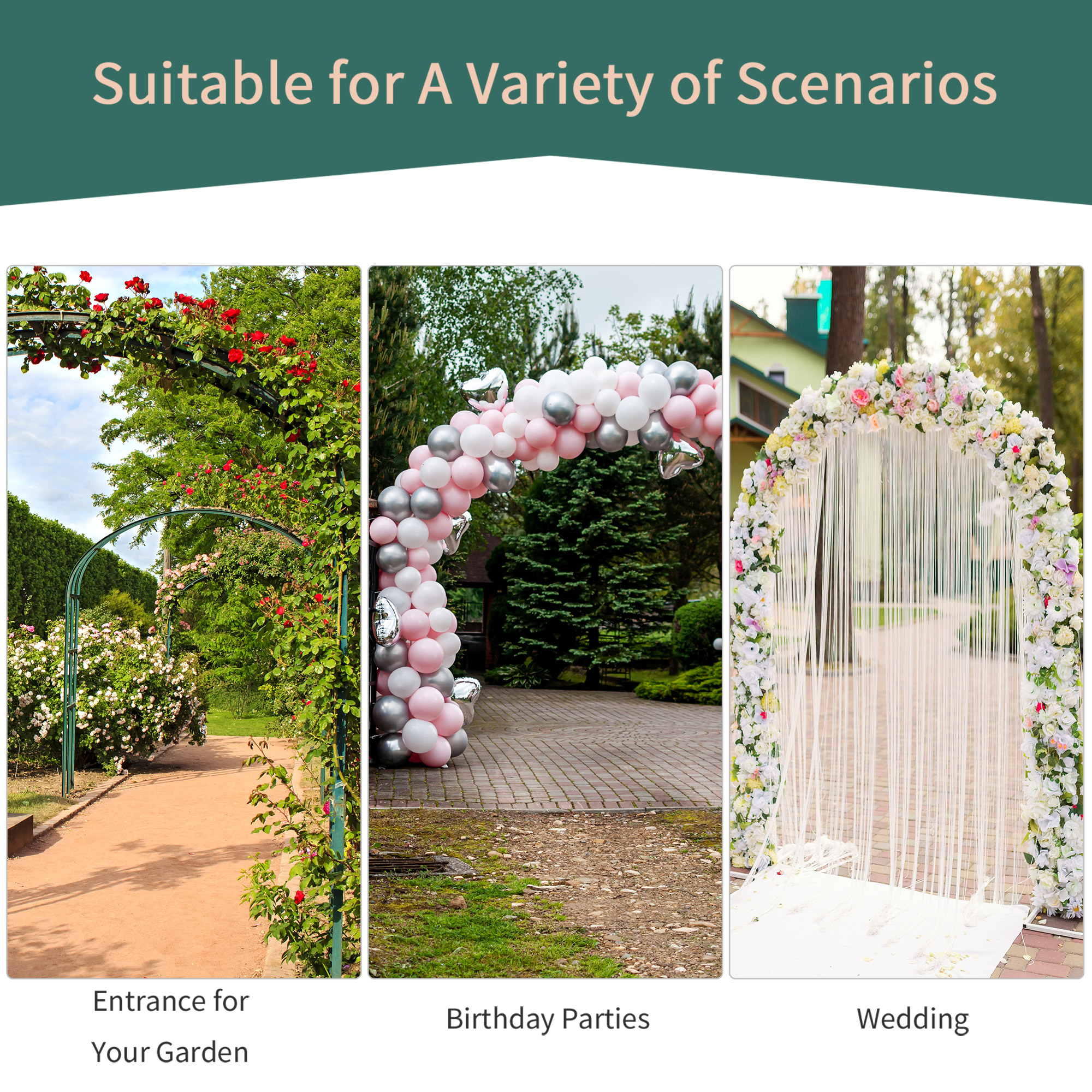 Outsunny Metal Garden Arch Trellis, Decorative Arbour Archway for Walkway Path Ceremony Wedding Party, 120 x 30 x 226cm 7