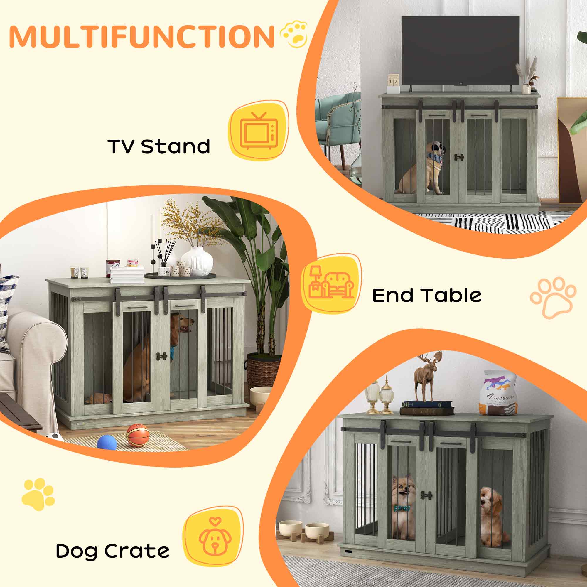 PawHut Dog Crate Furniture for Large Dogs, Double Dog Cage for Small Dogs, with Divider Grey 4