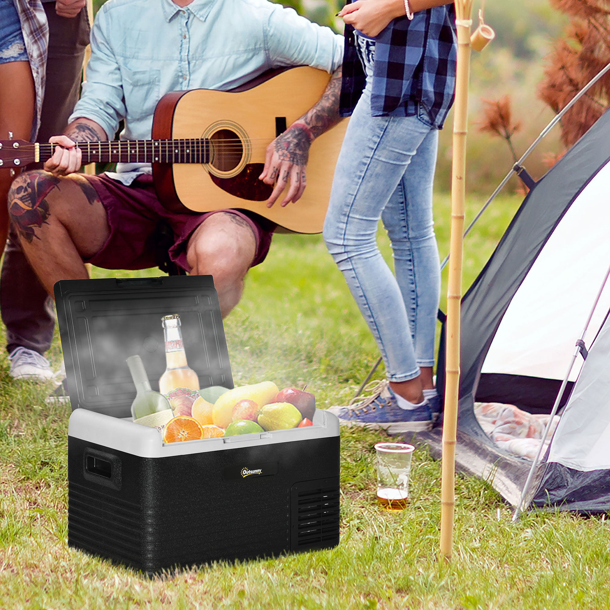 Outsunny 50L Car Refrigerator, Portable Compressor Cooler Box, Fridge Freezer w/ Inner LED Light, Foldable Handles, Cup Holders, 12/24V DC and 110-240V AC for Campervan RV Boat Travel Down to -20℃