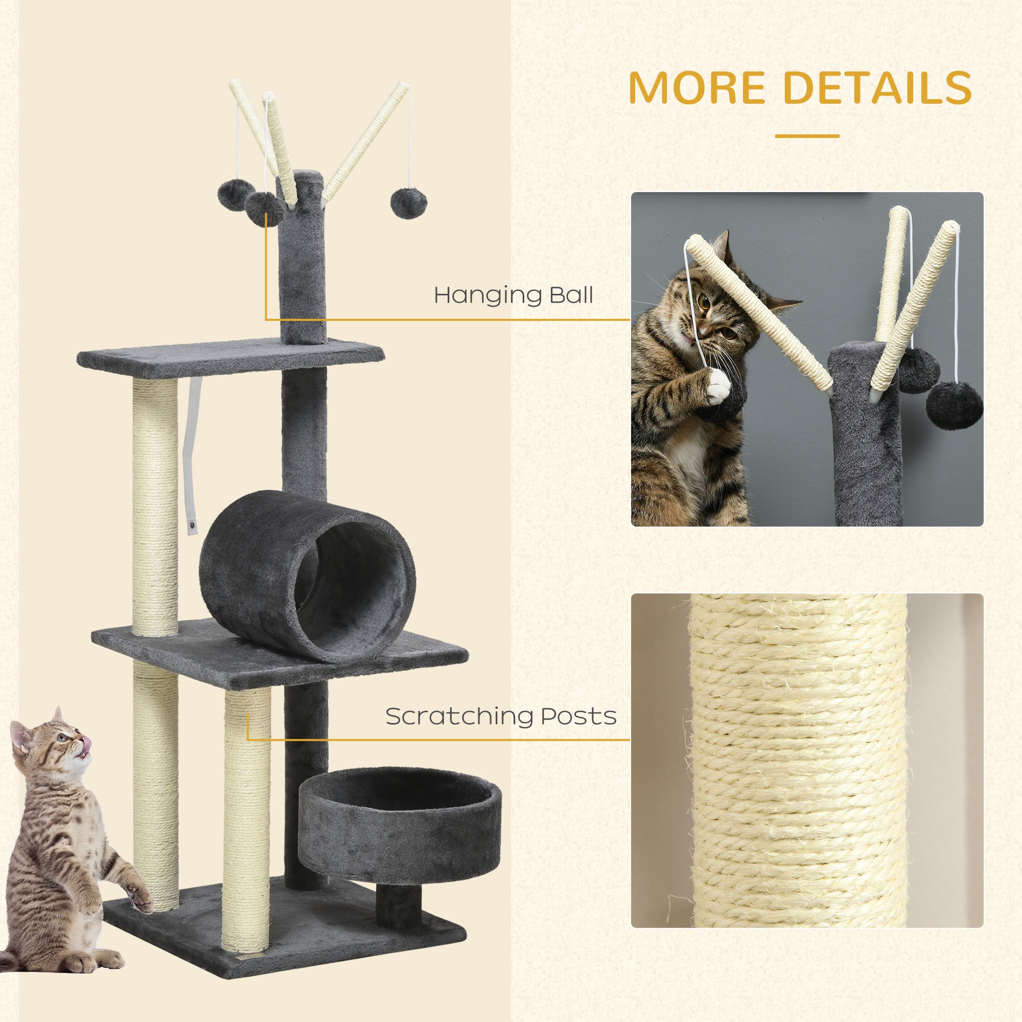 PawHut 121cm Cat Tree Tower for Indoor Cats Kitten Activity Centre Scratching Post with Bed Tunnel Perch Interactive Ball Toy Grey 5