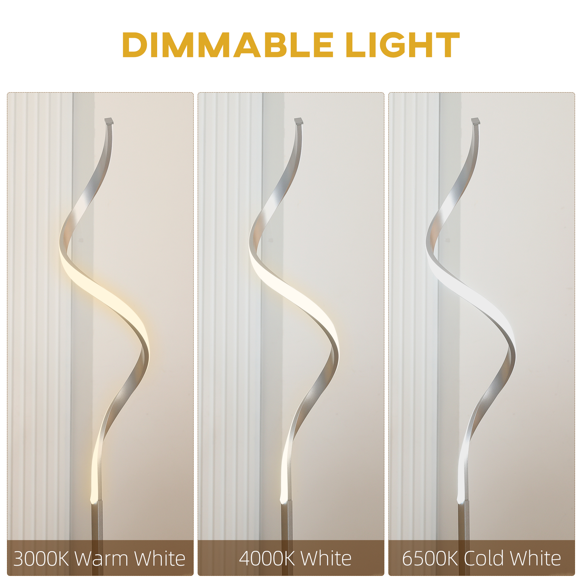 HOMCOM Dimmable Floor Lamp for Living Room, Modern Spiral Standing Lamp with 3 Adjustable Brightness and Square Base, Silver 5