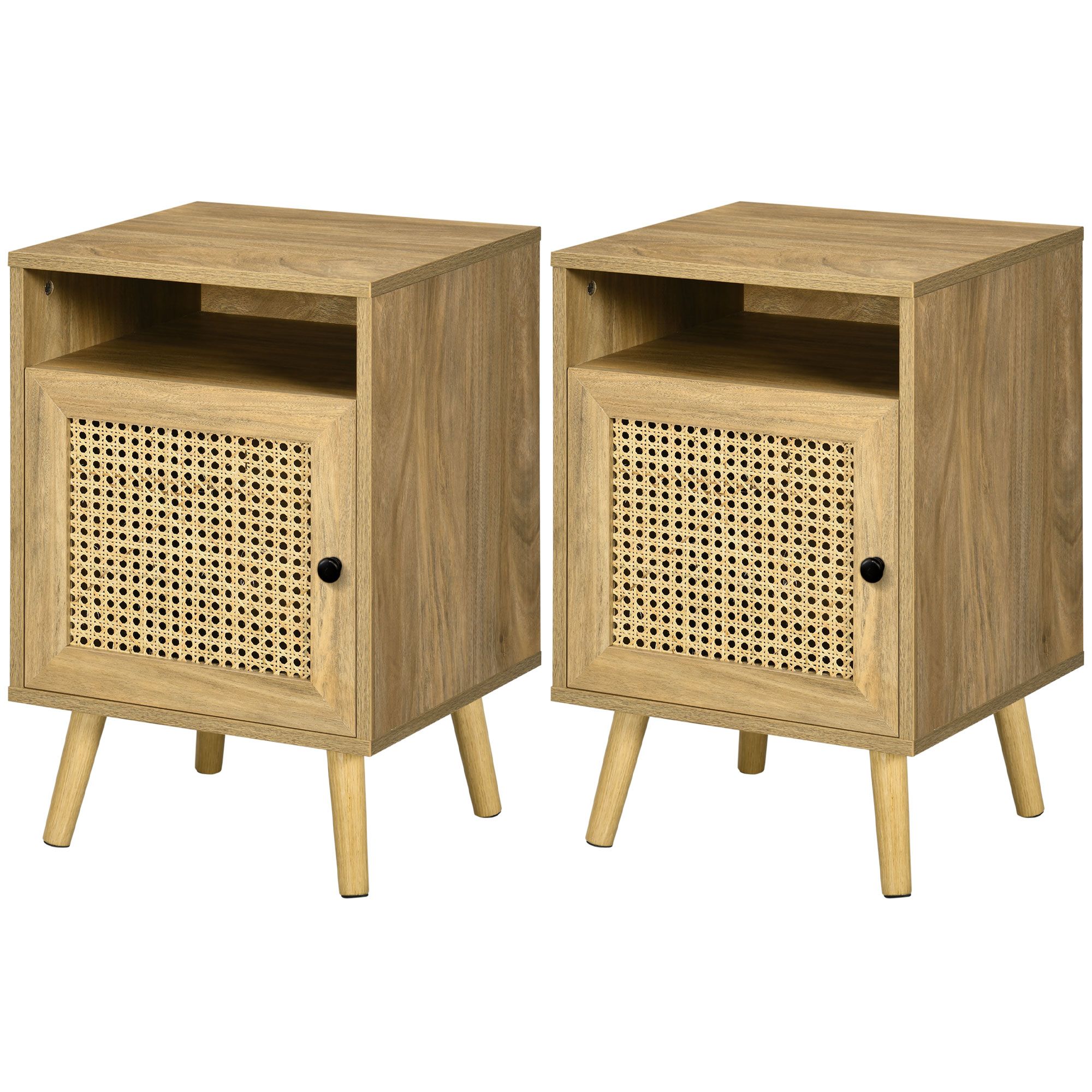 HOMCOM Lot de 2 tables de chevet table de nuit avec placard porte cannage et niche design vintage 39 x 35 x 60 cm naturel