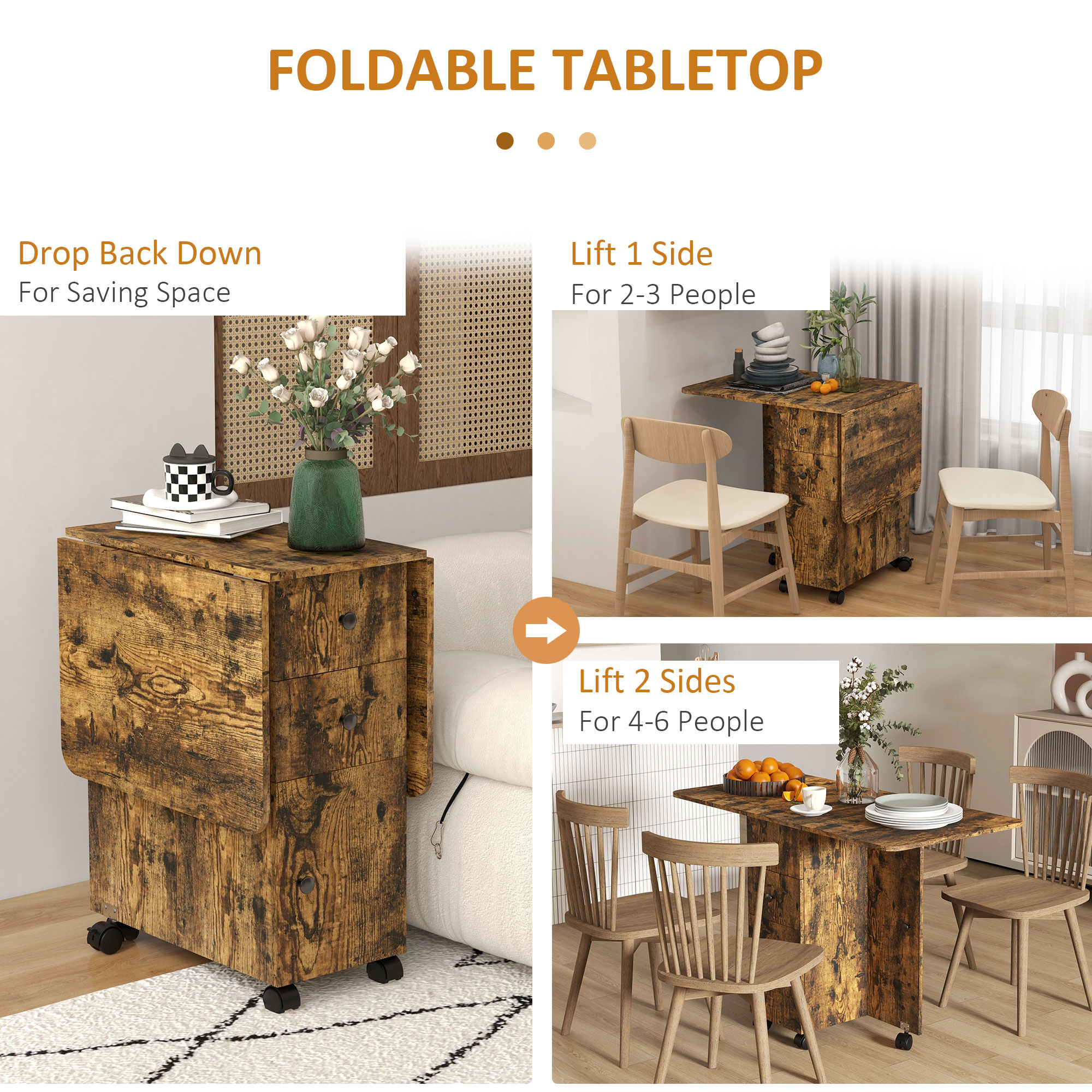 HOMCOM Multi-Storage Six-Person Drop Leaf Dining Table Rustic Brown 5