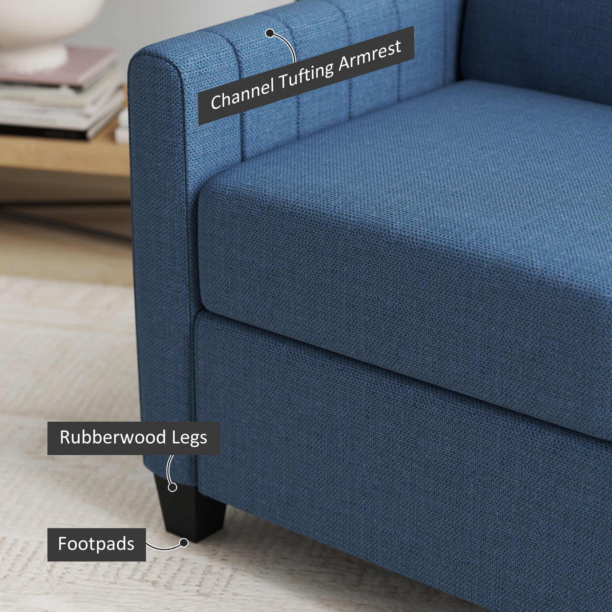 HOMCOM Modern Boxy Linen-Look Two-Seater Sofa Blue 7