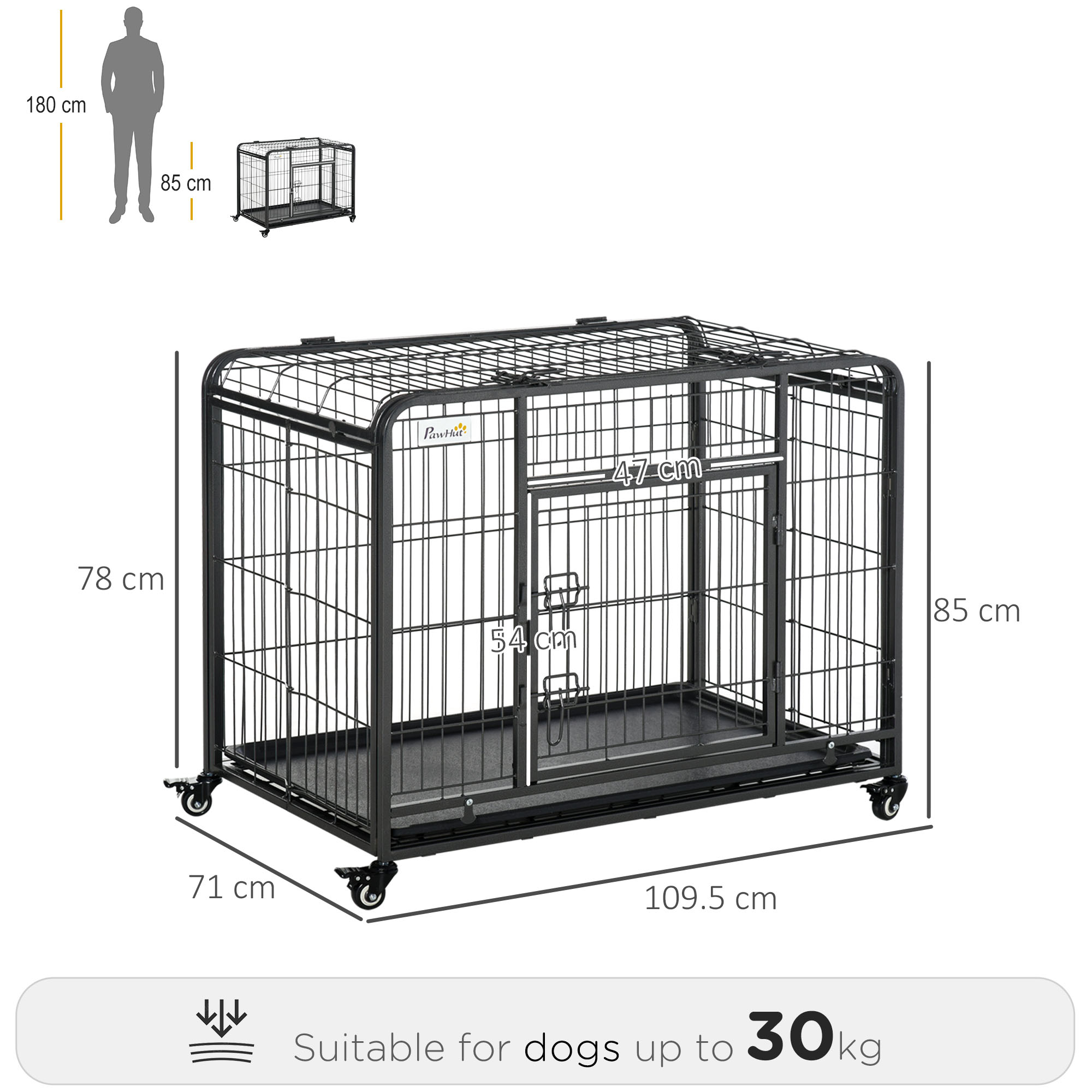 PawHut Metal Dog Cage Kennel Locking Door & Wheels Removable Tray Openable Top For Large Pets 109.5 x 71 x 78 cm 3