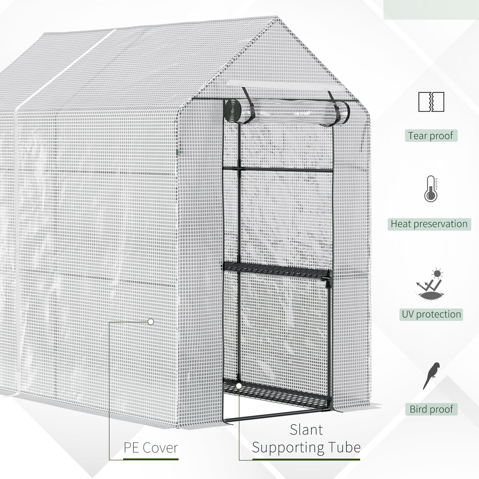 Outsunny Walk In Greenhouse with 2-Tier Shelves, Roll up Zip Panel Door, Garden Polytunnel Steeple Grow House for Outdoor, 6 x 4 x 6ft White 4