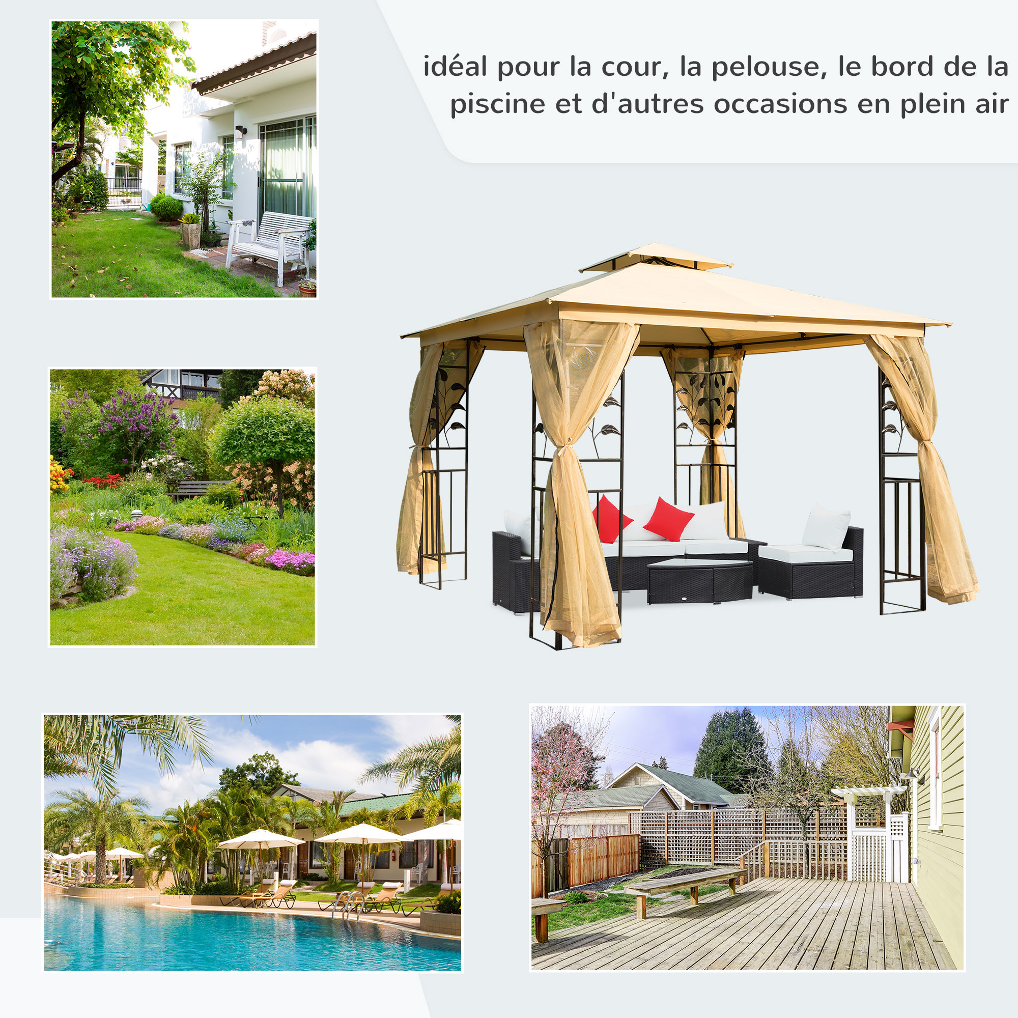 Tonnelle Barnum Style Colonial 3x3 M – 4 Moustiquaires Dont 2 Zippées – Protection UV Et Anti-Insectes, Gris/Noir