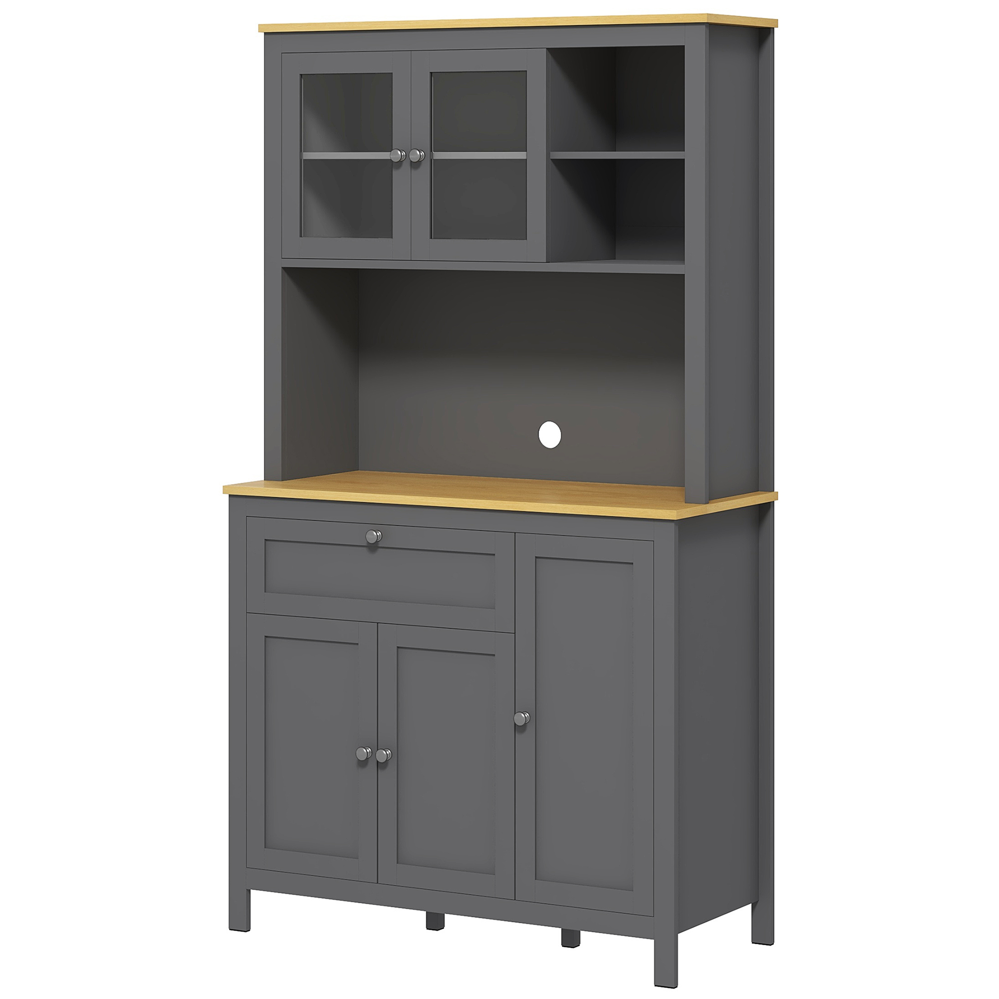 HOMCOM Armoire de cuisine buffet cuisine 5 portes dont 2 portes vitrées et 1 tiroir, 1 niche centrale - hauteur 180 cm gris