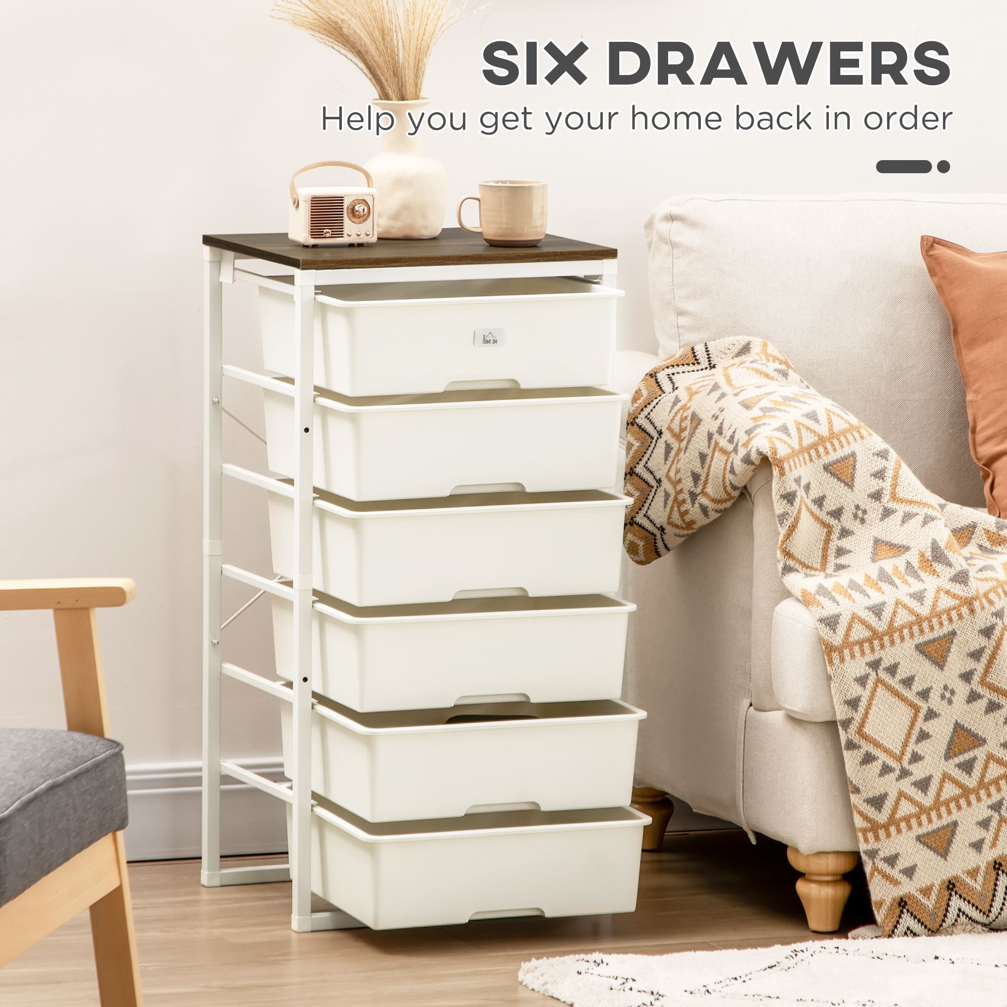 HOMCOM Bedroom Chest of Drawers, 6-Drawer Dresser, Tall Storage Drawer Unit with Steel Frame for Living Room, White 5