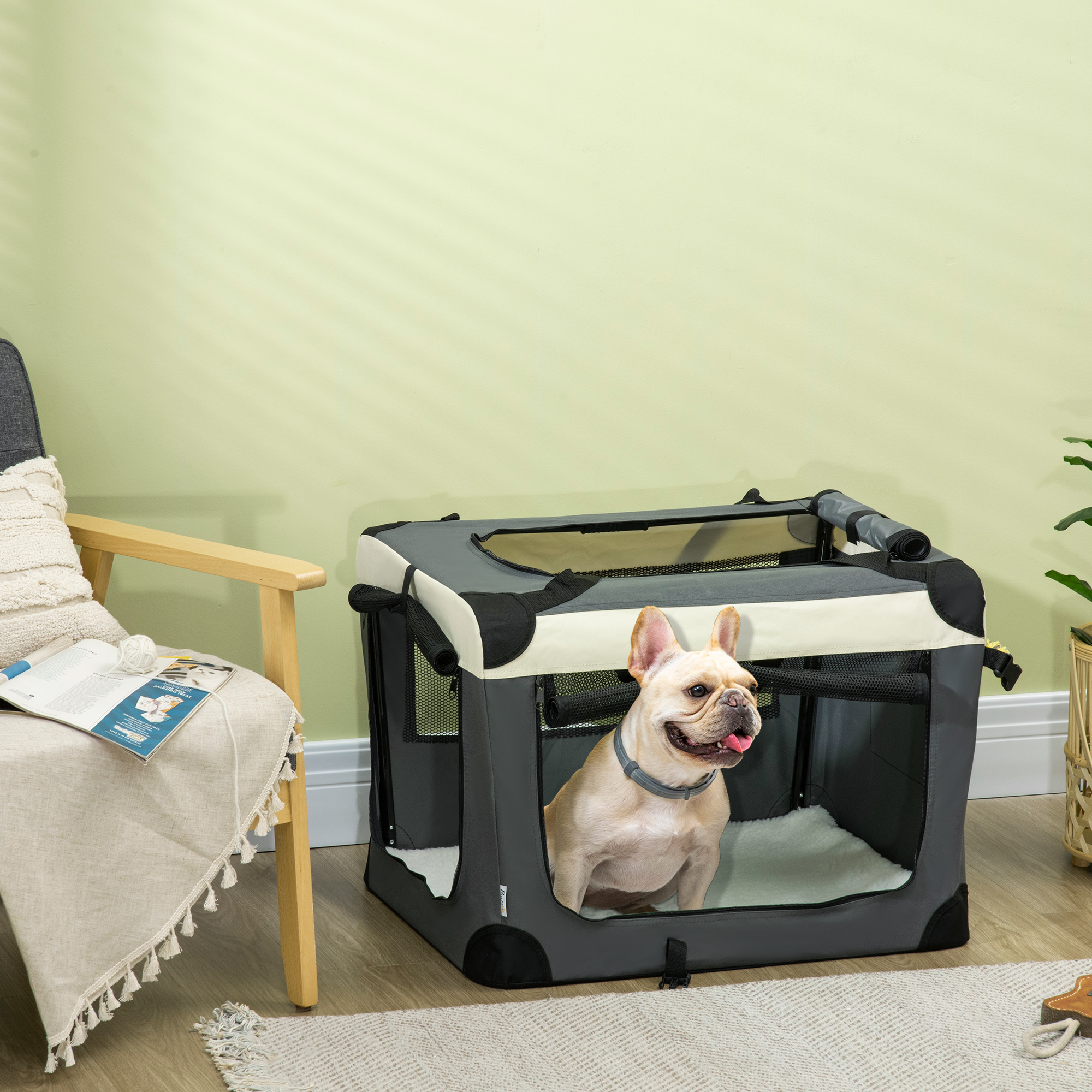 PawHut 70cm Foldable Pet Carrier, with Cushion, for Small Dogs and Cats Grey 2