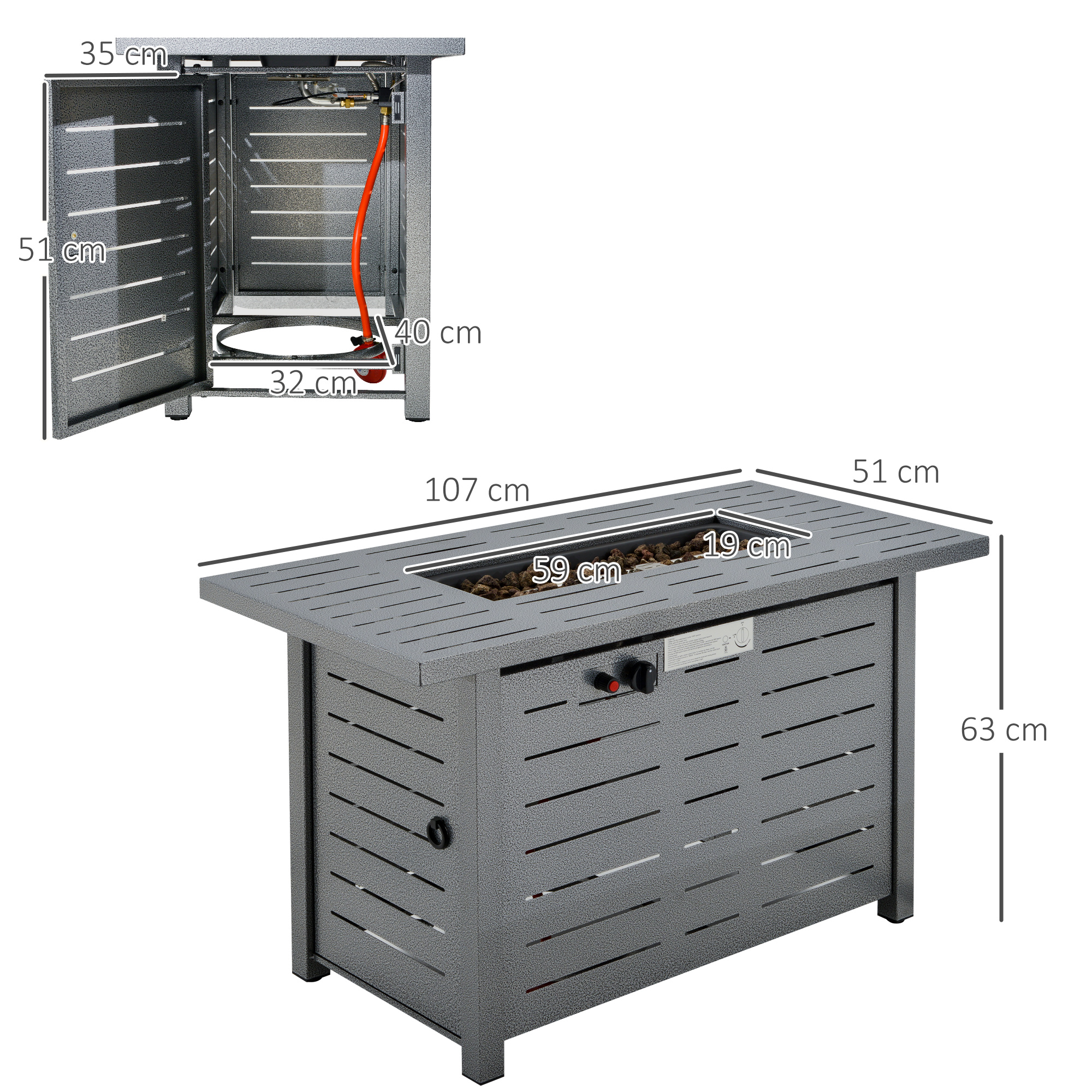 Outsunny Propane Gas Fire Pit Table, 50000BTU Smokeless Firepit Outdoor Patio Heater with Protective Cover, Lava Rocks and Lid, 107cm x 51cm x 63cm, Silver Grey 3