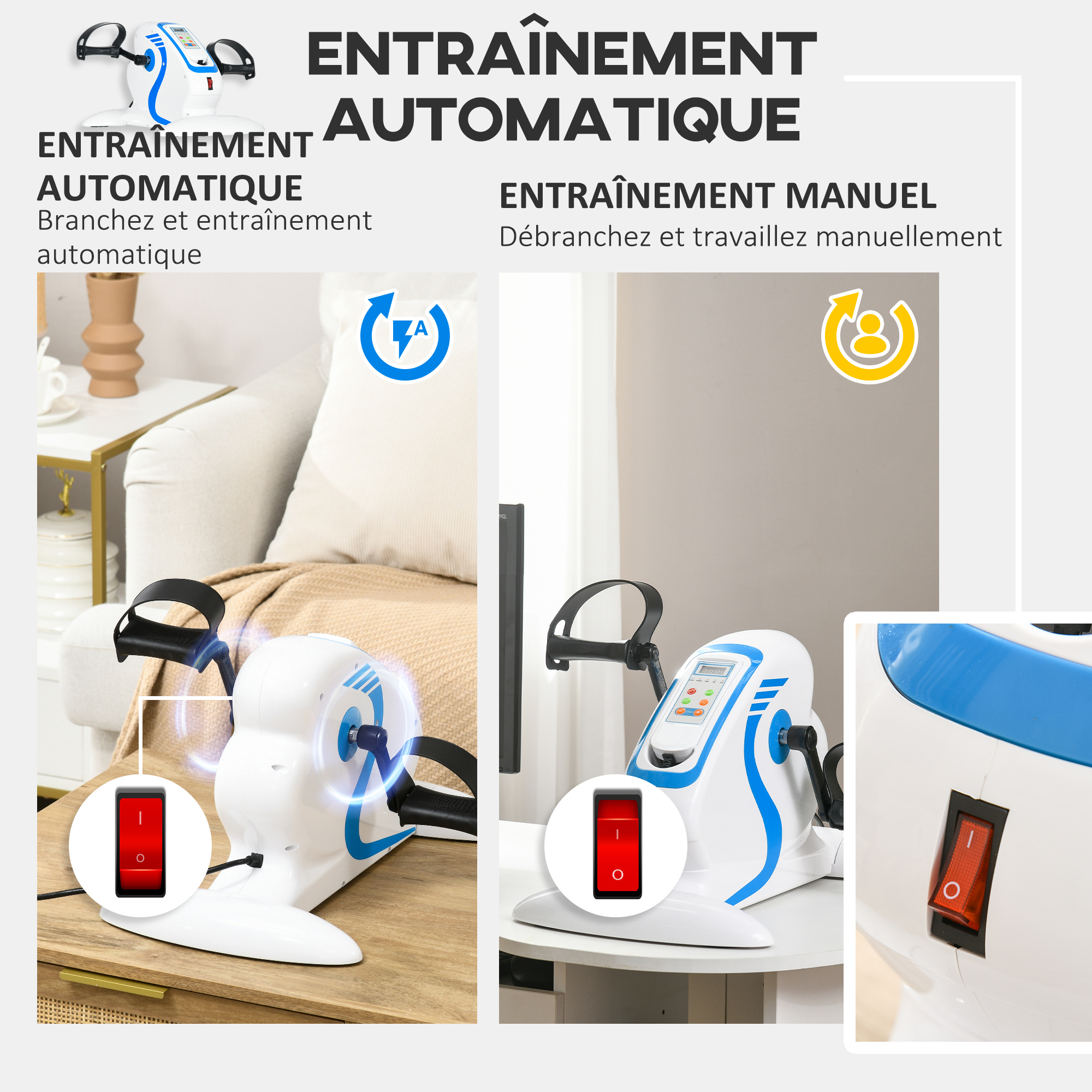 SPORTNOW Mini Vélo D'Appartement Électrique – 12 Vitesses, Télécommande LCD, Pédalage Avant/Arrière, Pour Bras/Jambes, Blanc