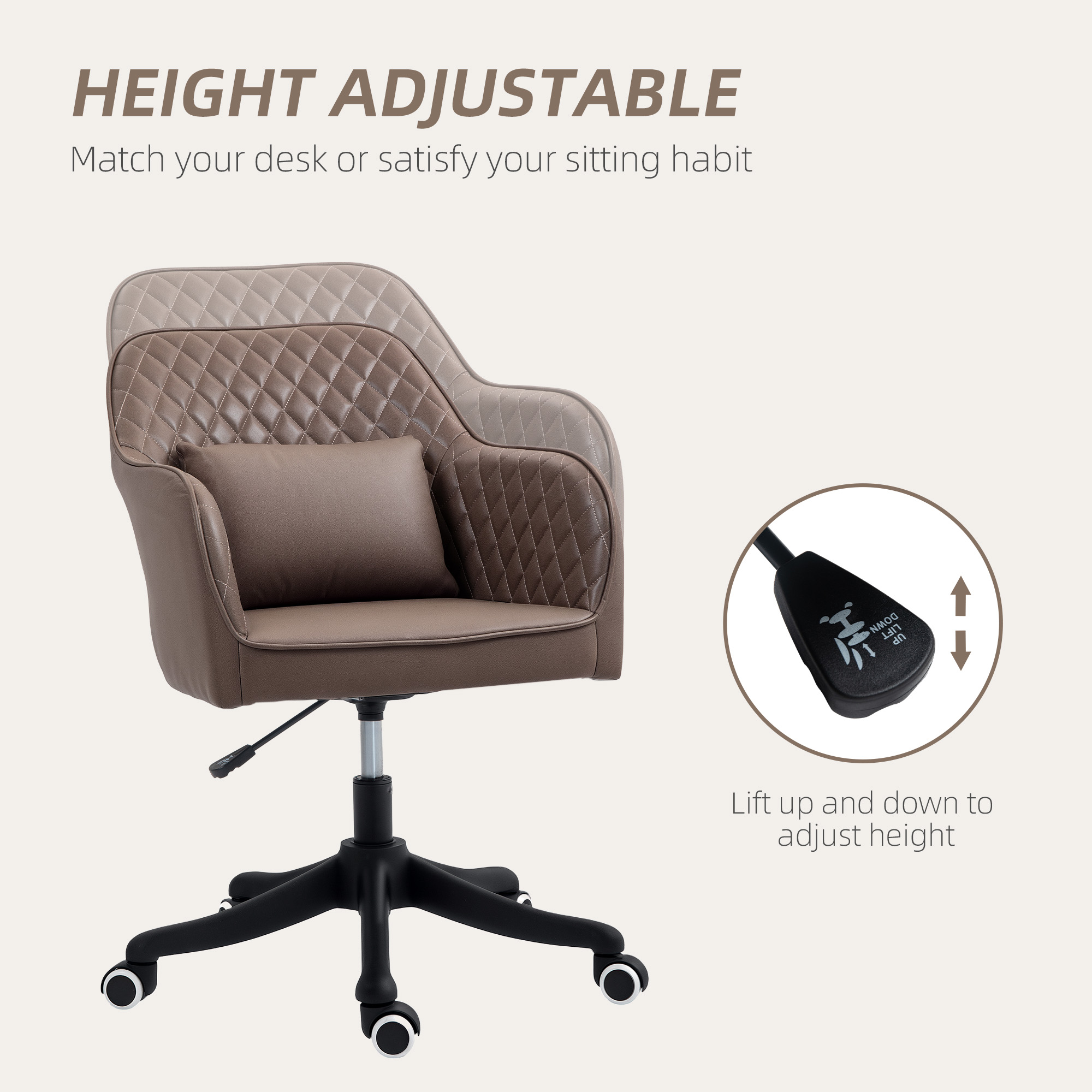 Vinsetto Microfiber Office Chair, Desk Chair, Makeup Vanity Chair with Massage Lumbar Pillow and Rolling Wheels for Bedroom and Home, Brown 5
