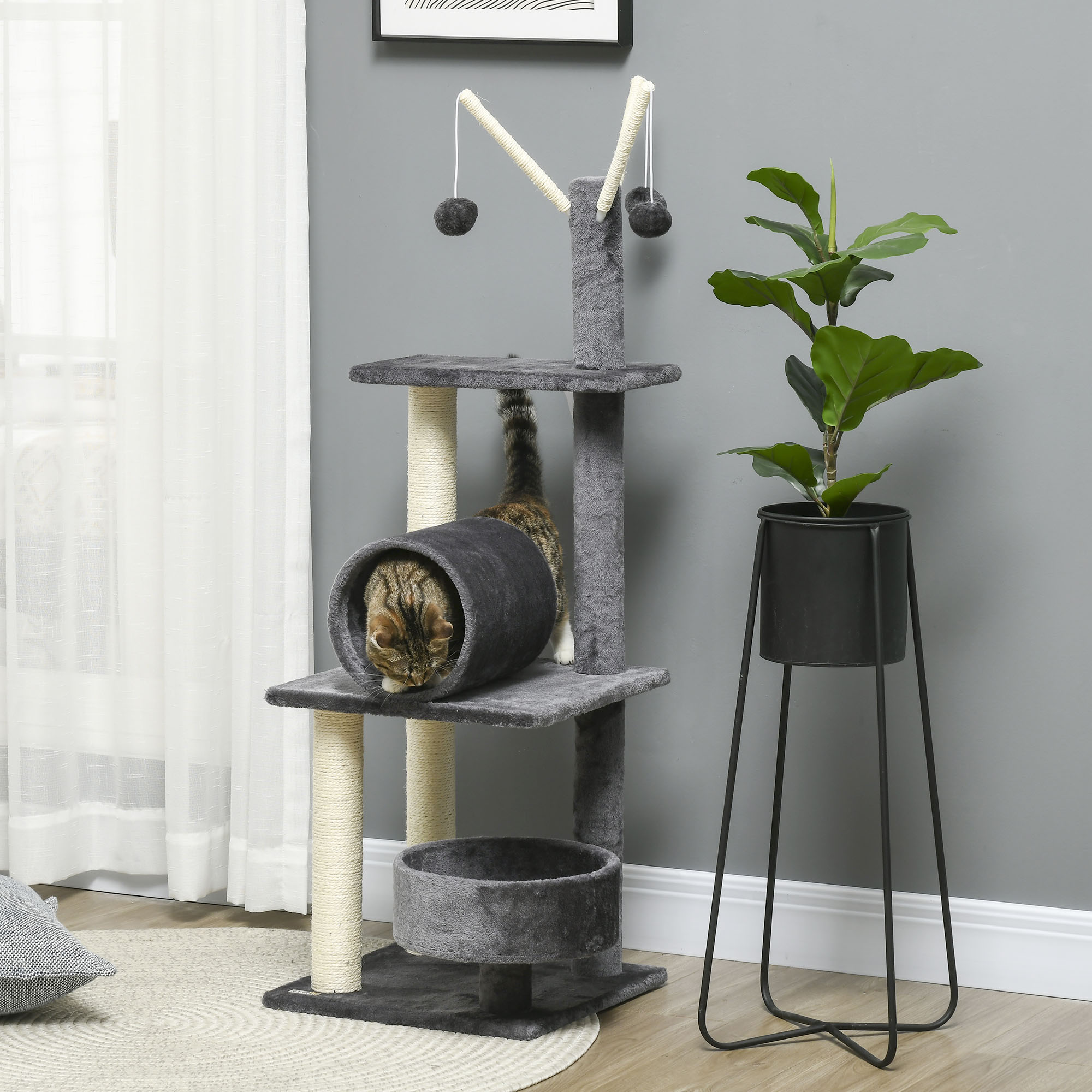 PawHut 121cm Cat Tree Tower for Indoor Cats Kitten Activity Centre Scratching Post with Bed Tunnel Perch Interactive Ball Toy Grey 2