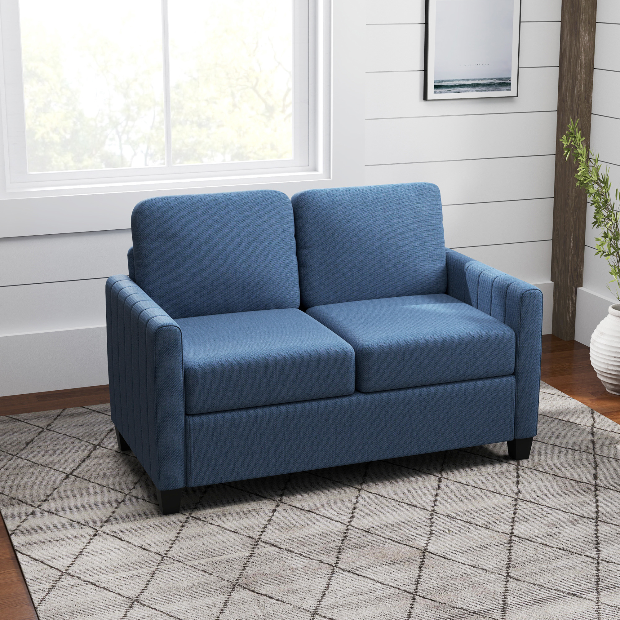 HOMCOM Modern Boxy Linen-Look Two-Seater Sofa Blue 8