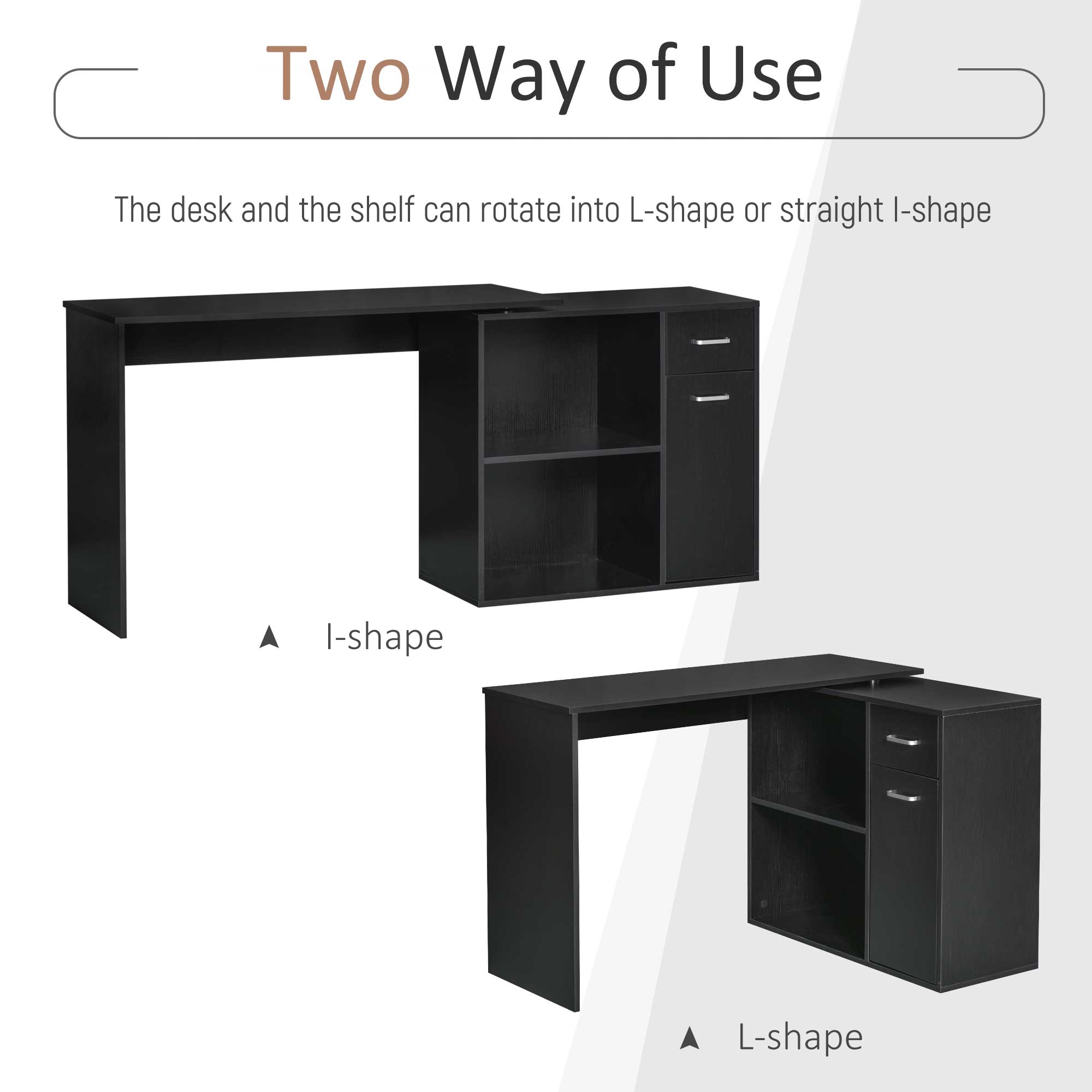 HOMCOM L-Shaped Desk, Corner Computer Desk, Adjustable Study Table with Storage Shelf, Drawer and Cabinet, Workstation for Home Office, Black Wood Grain 5